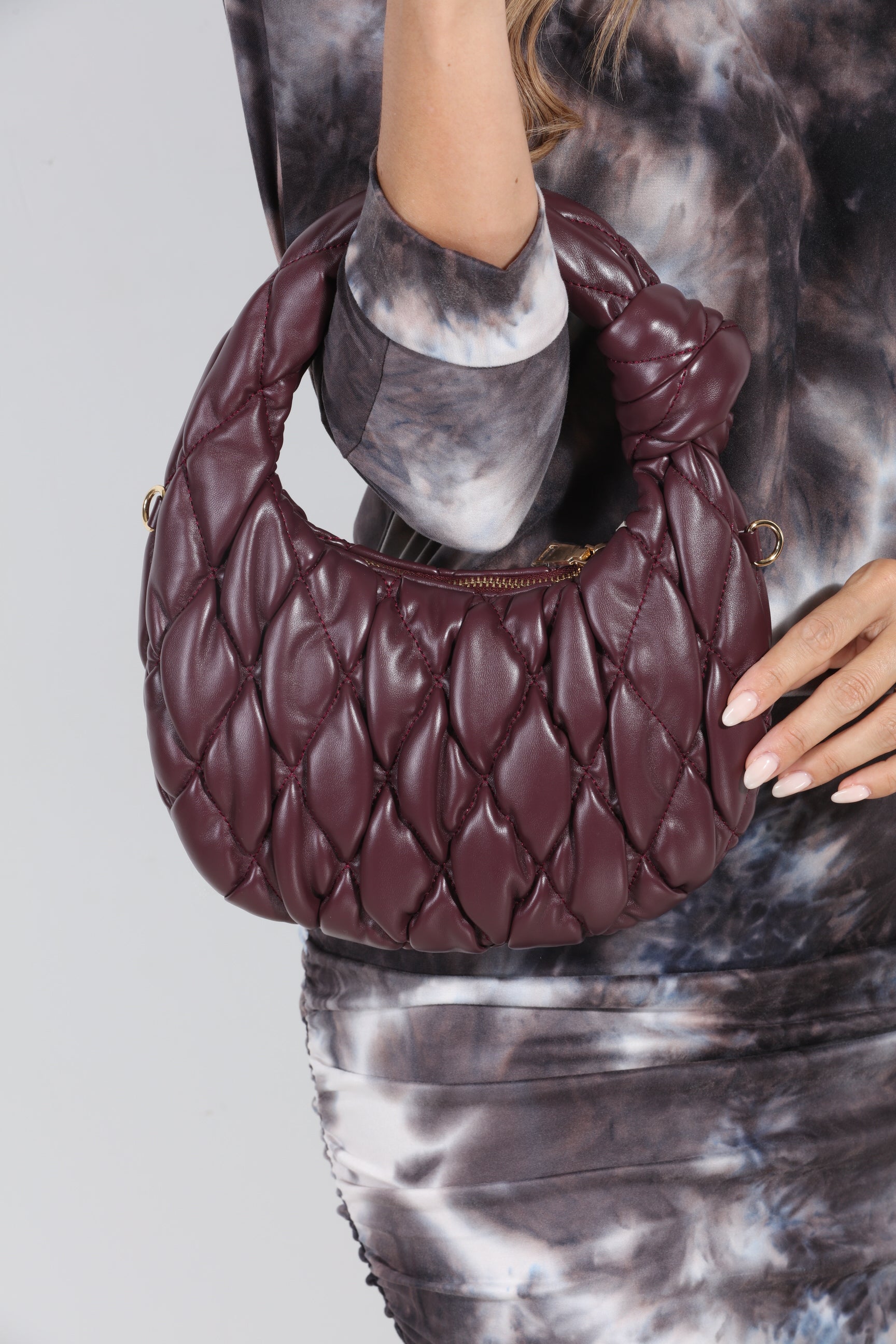 Burgundy Quilted Crescent Shoulder Bag