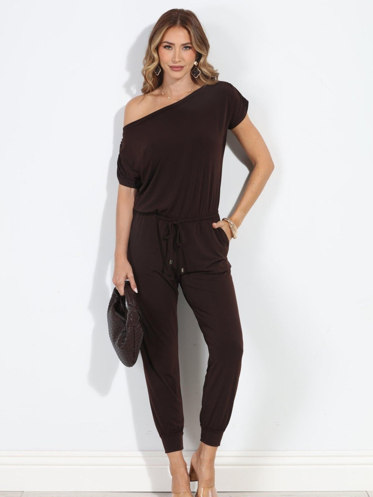 Chocolate ITY Off The Shoulder Jumpsuit-BEST SELLER