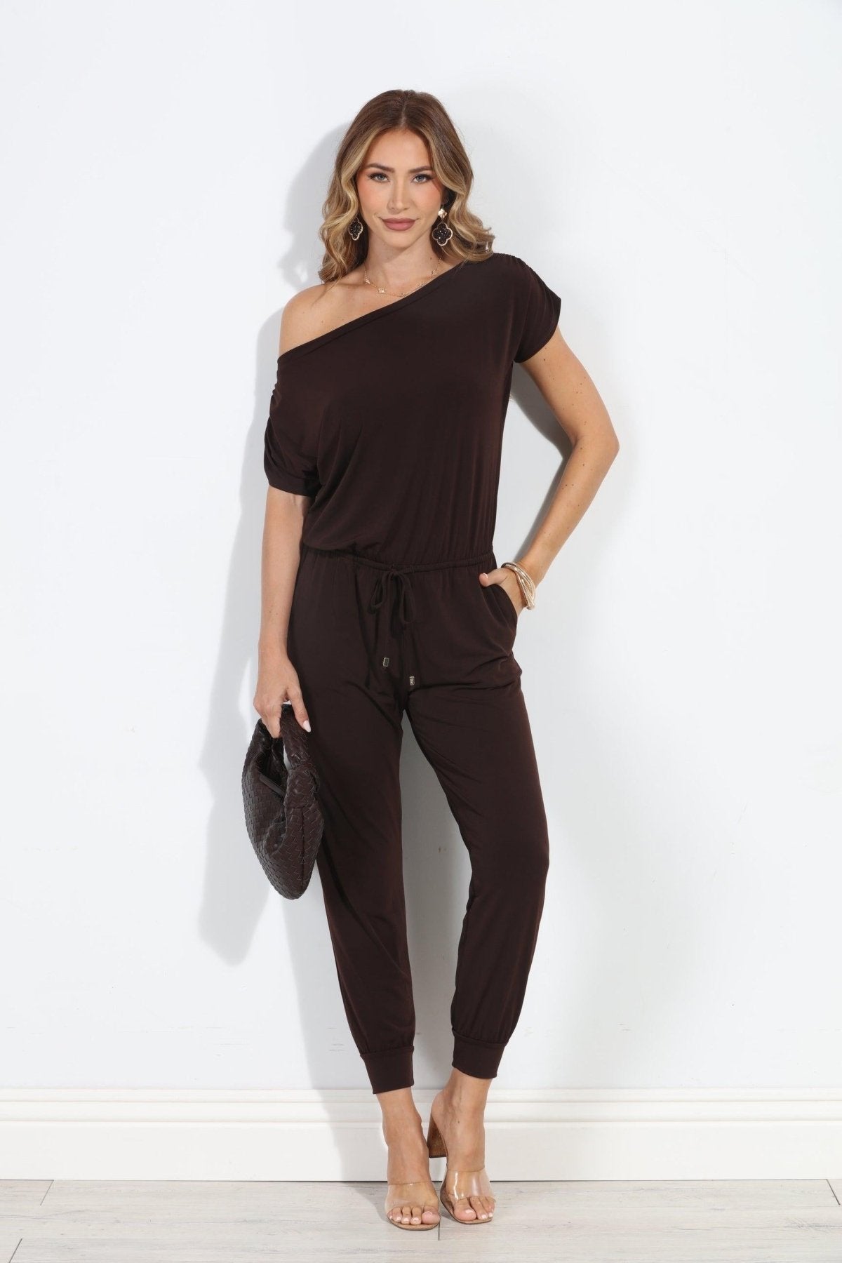Chocolate ITY Off The Shoulder Jumpsuit-BEST SELLER