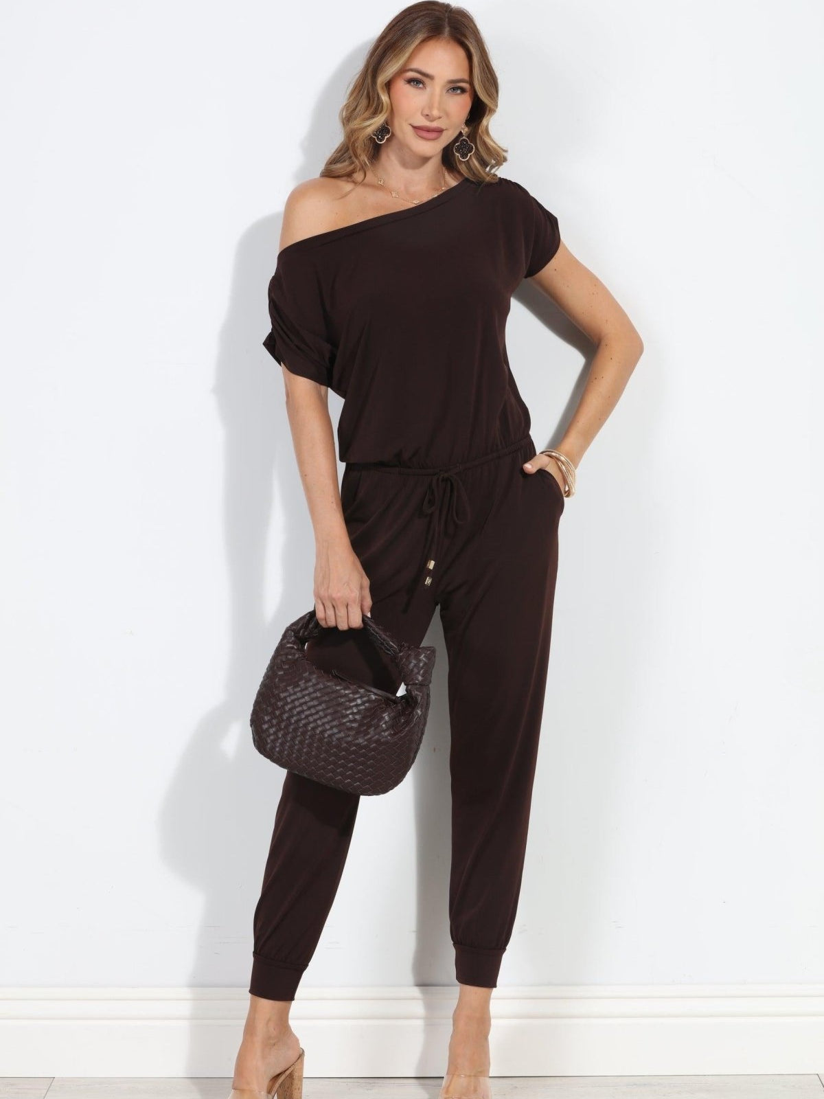Chocolate ITY Off The Shoulder Jumpsuit-BEST SELLER