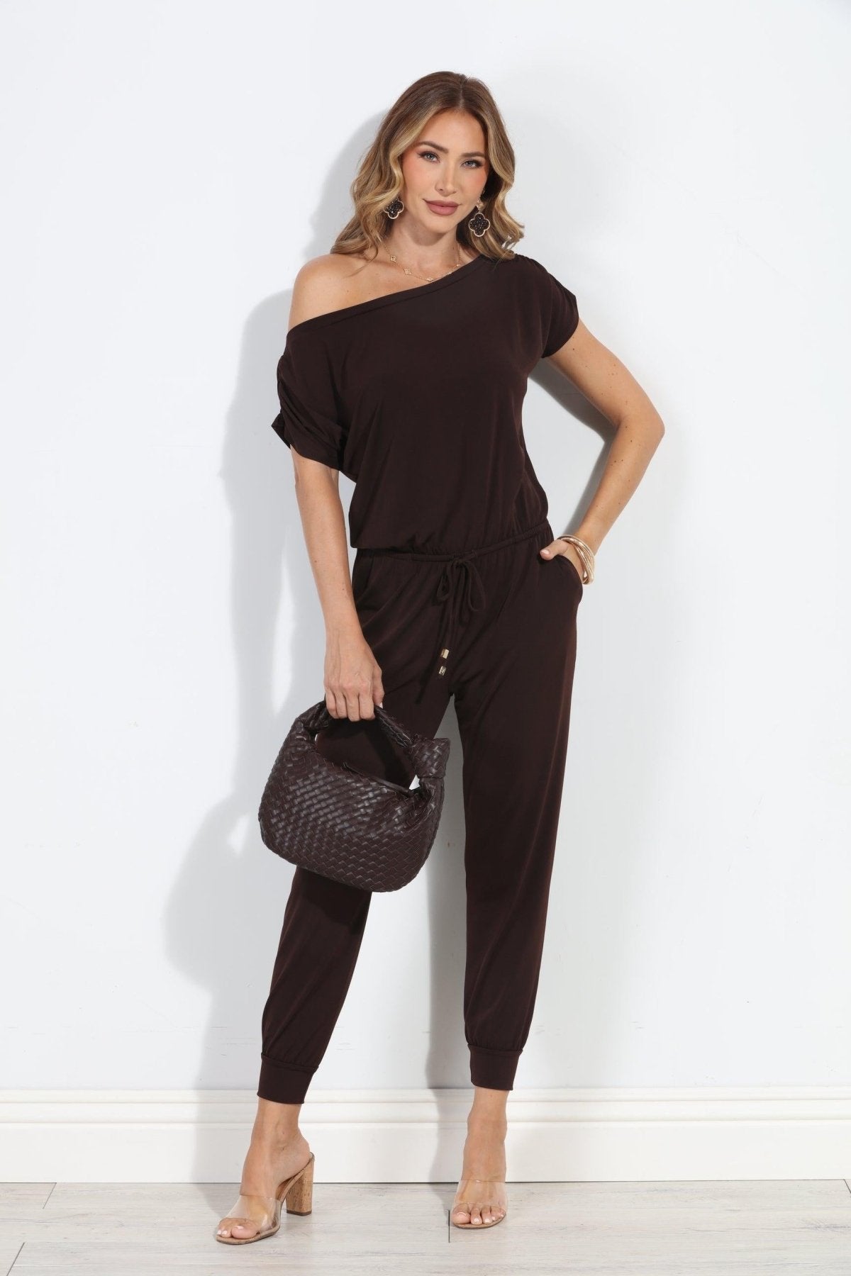 Chocolate ITY Off The Shoulder Jumpsuit-BEST SELLER