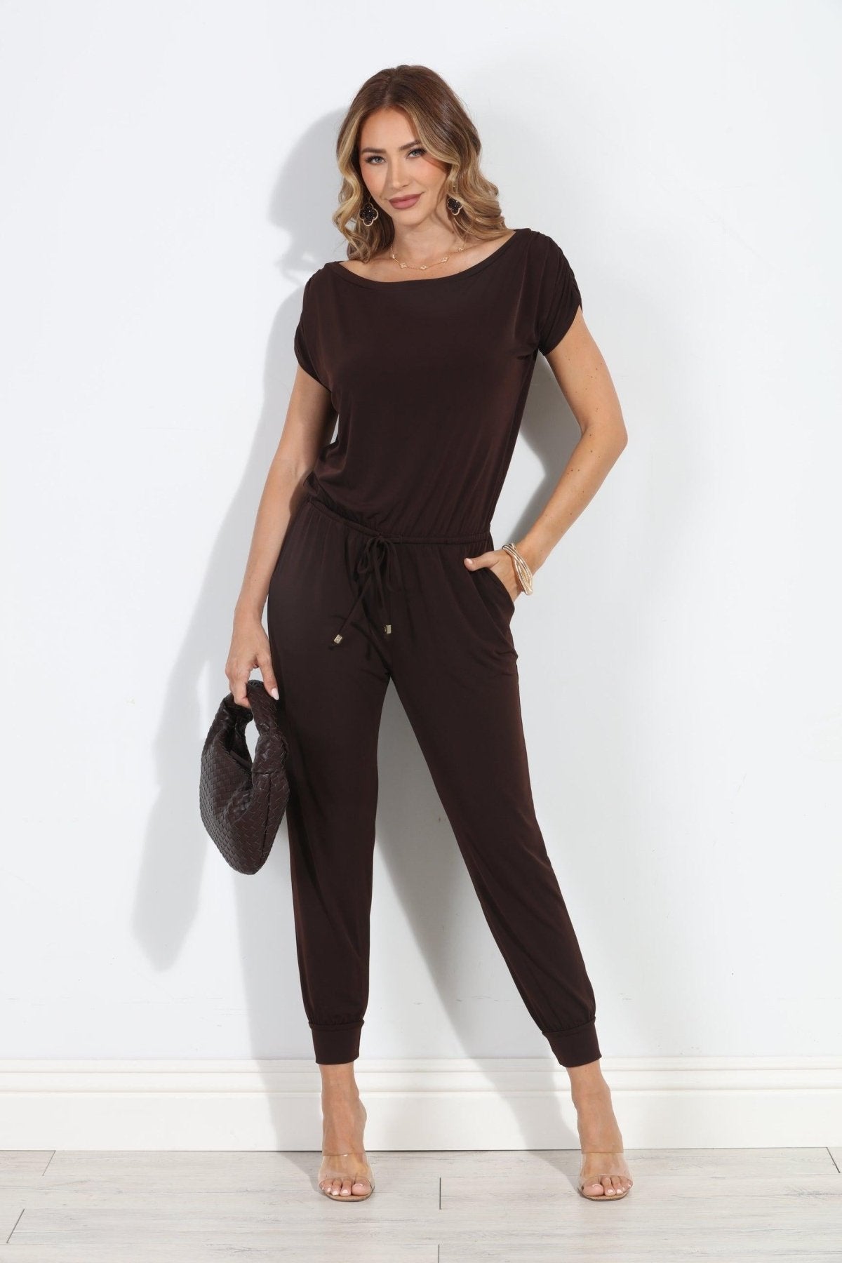 Chocolate ITY Off The Shoulder Jumpsuit-BEST SELLER