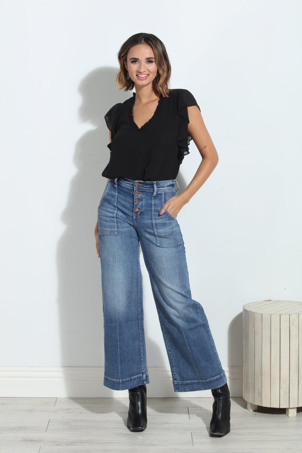 Black V-Neck Ruffle Tee-BEST SELLER