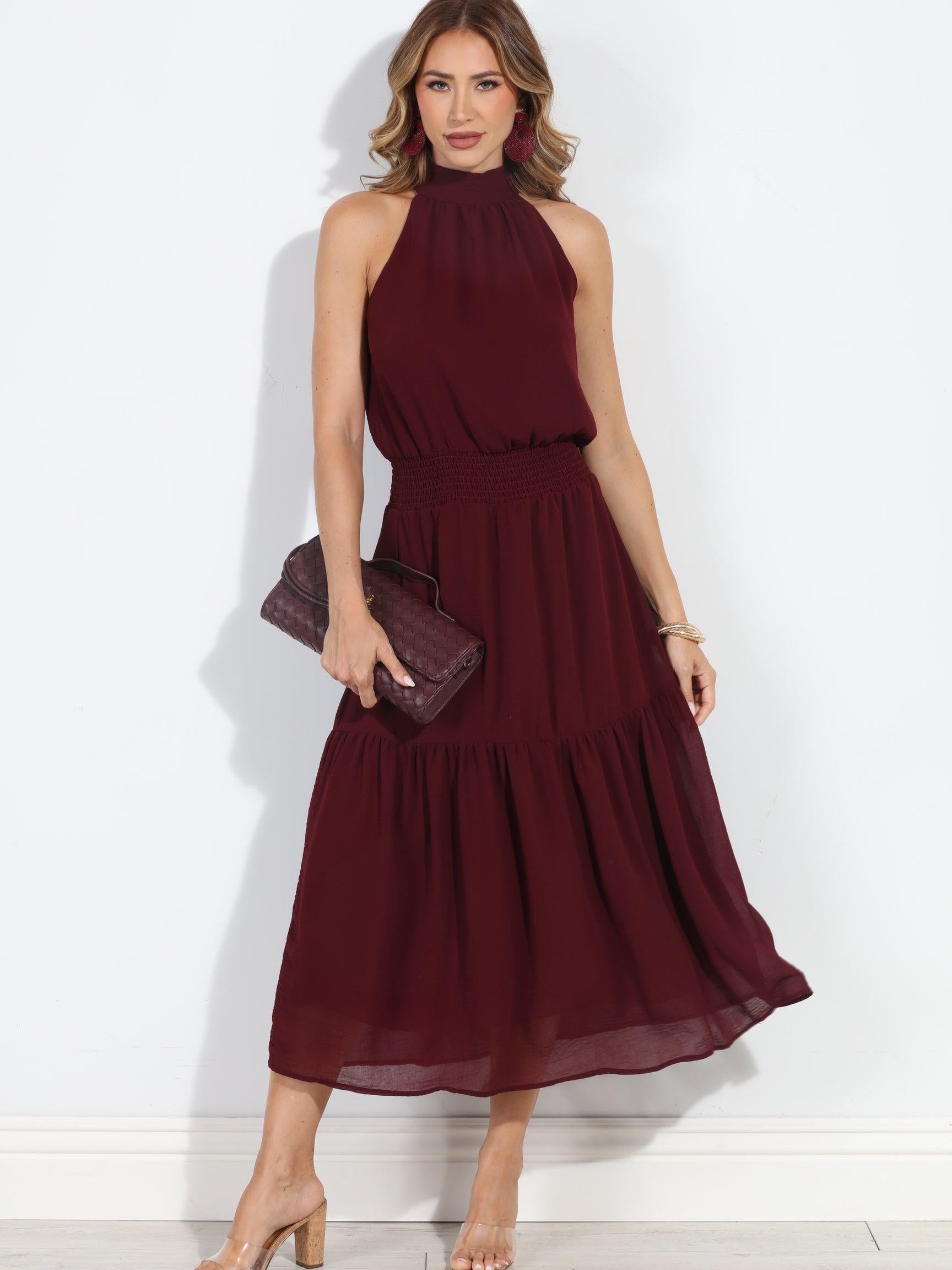Burgundy Chiffon Halter Maxi-BEST SELLER