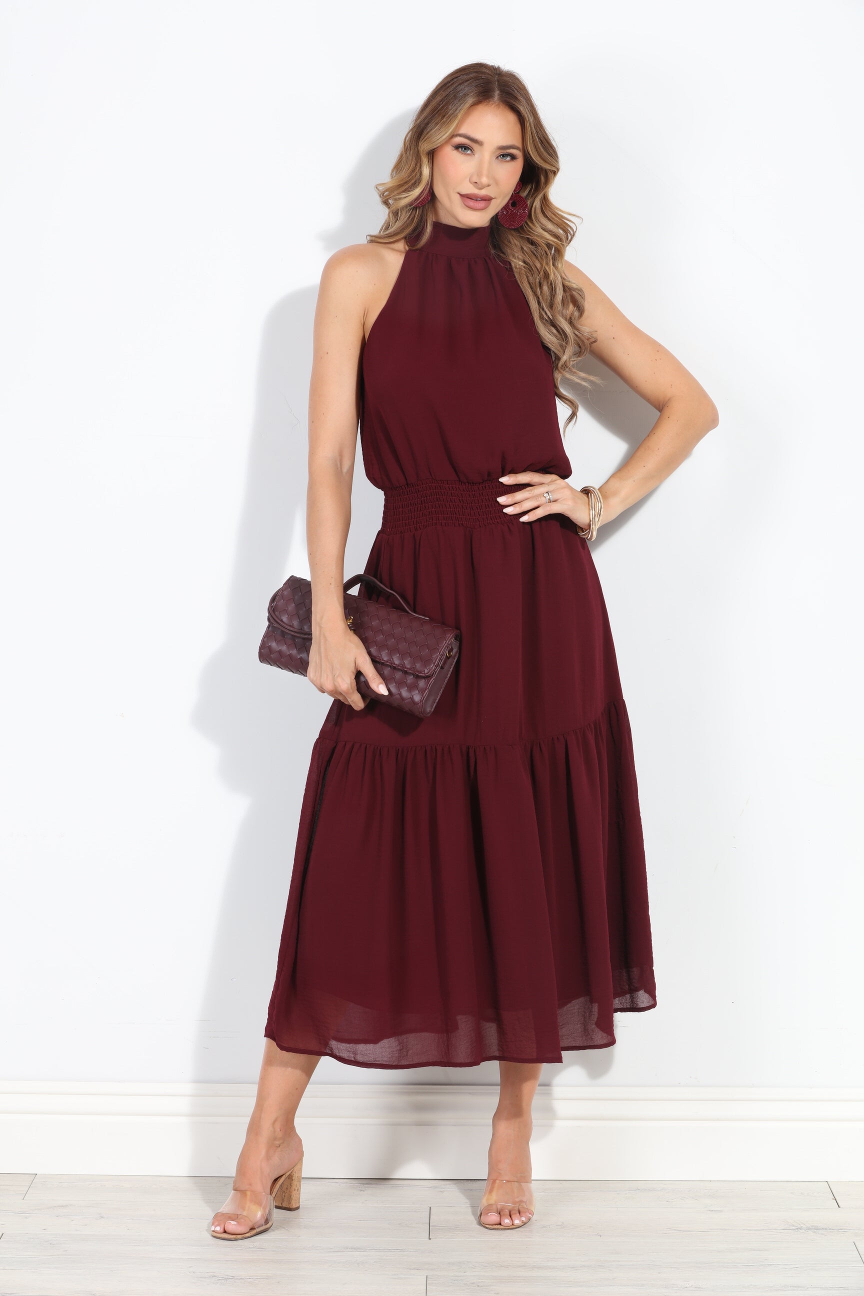 Burgundy Chiffon Halter Maxi-BEST SELLER