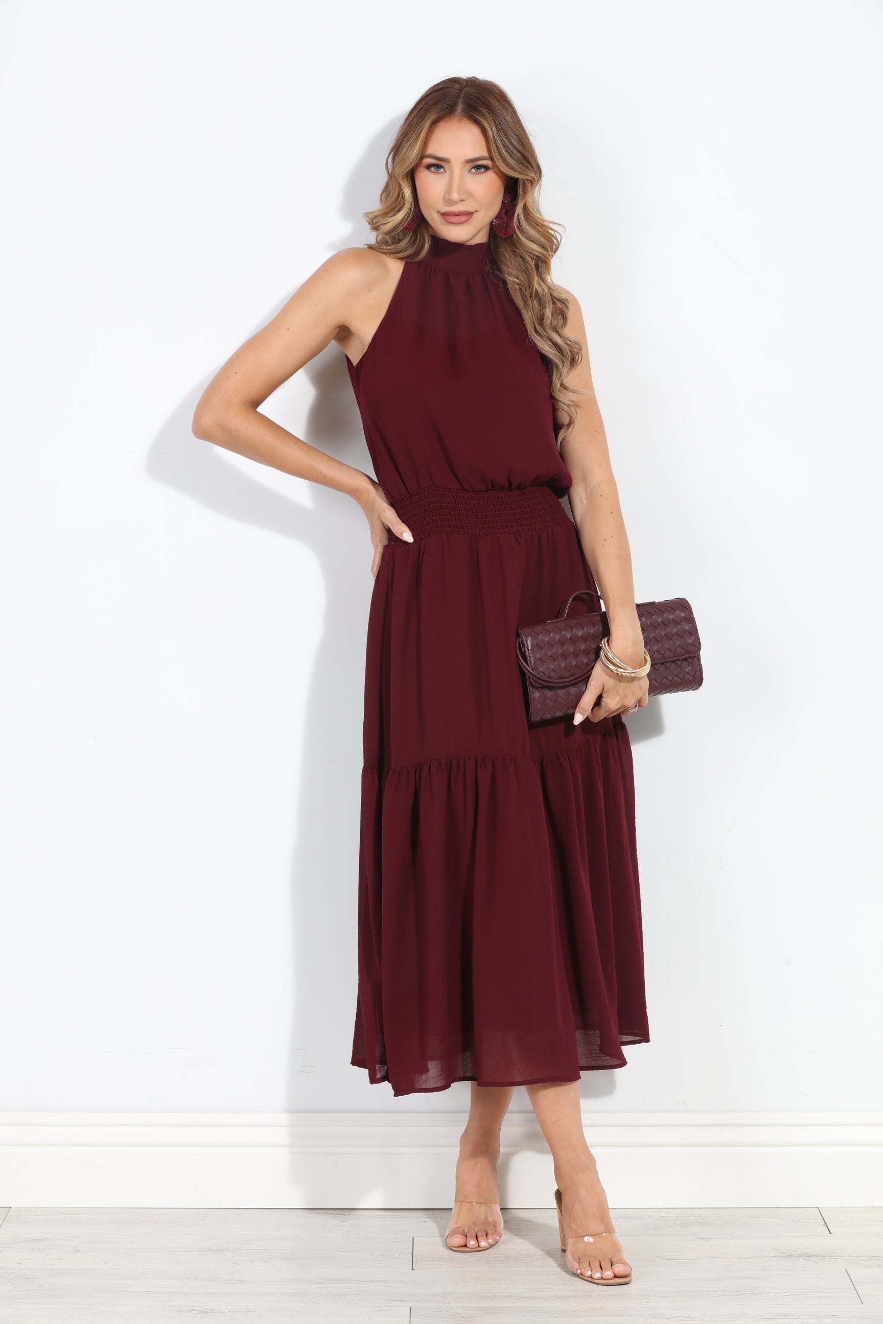 Burgundy Chiffon Halter Maxi-BEST SELLER