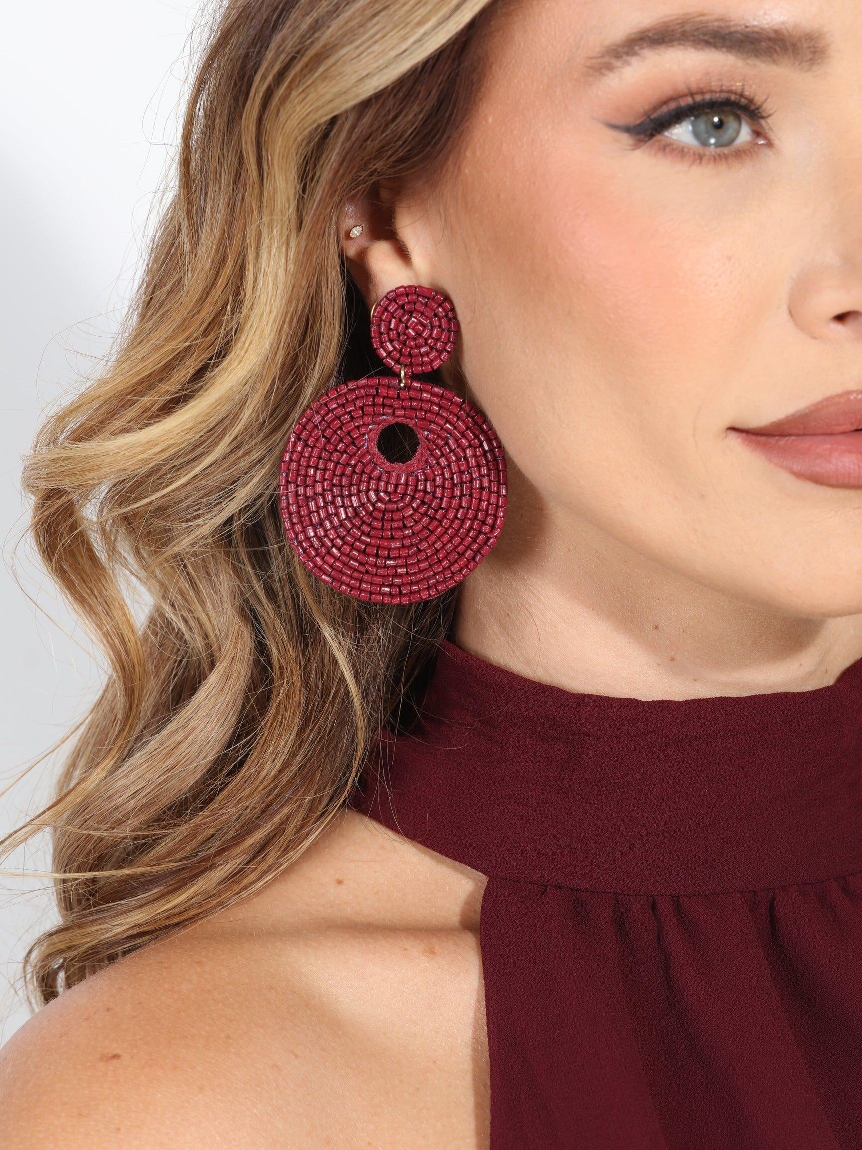 Burgundy Beaded Earrings