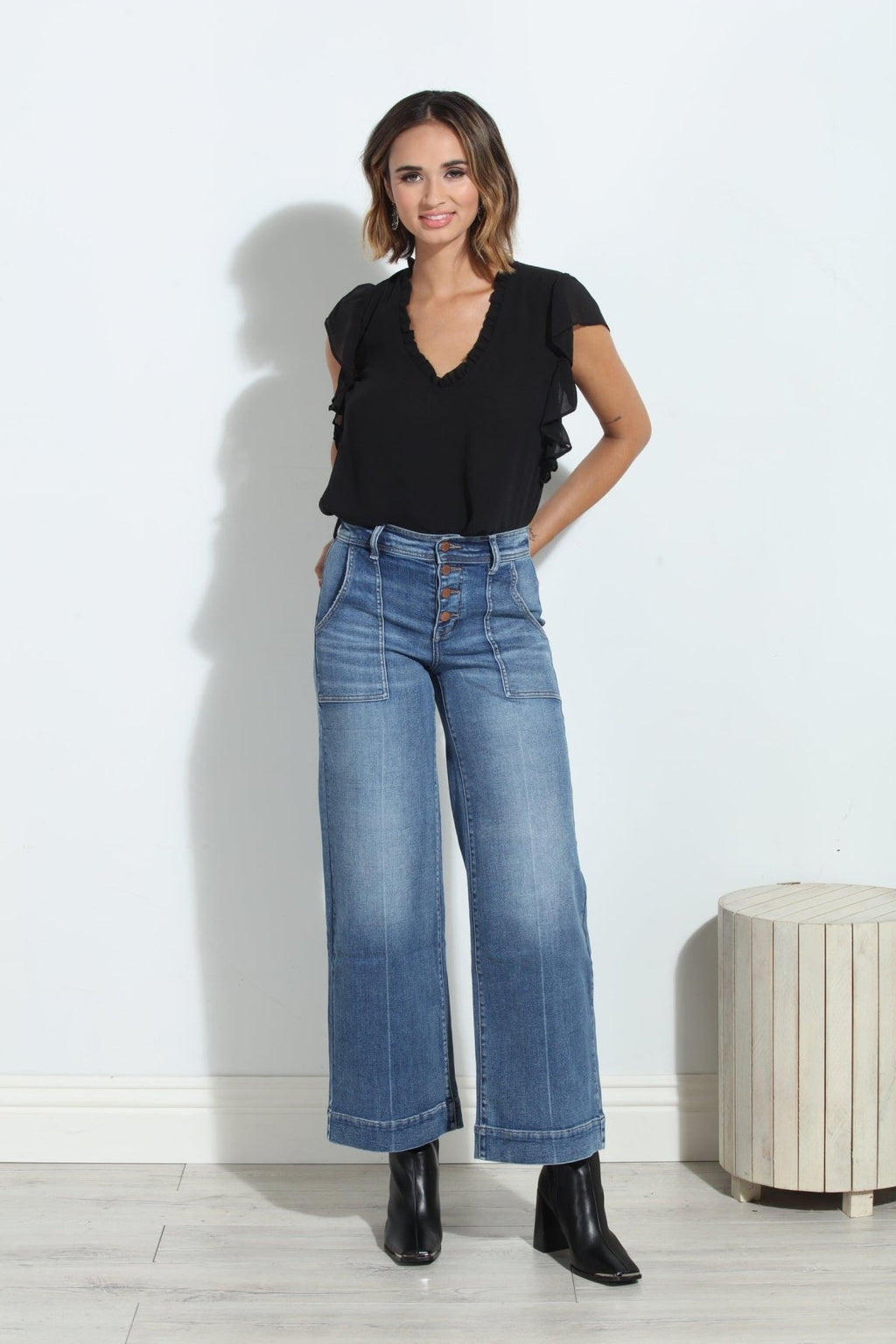 Black V-Neck Ruffle Tee-BEST SELLER