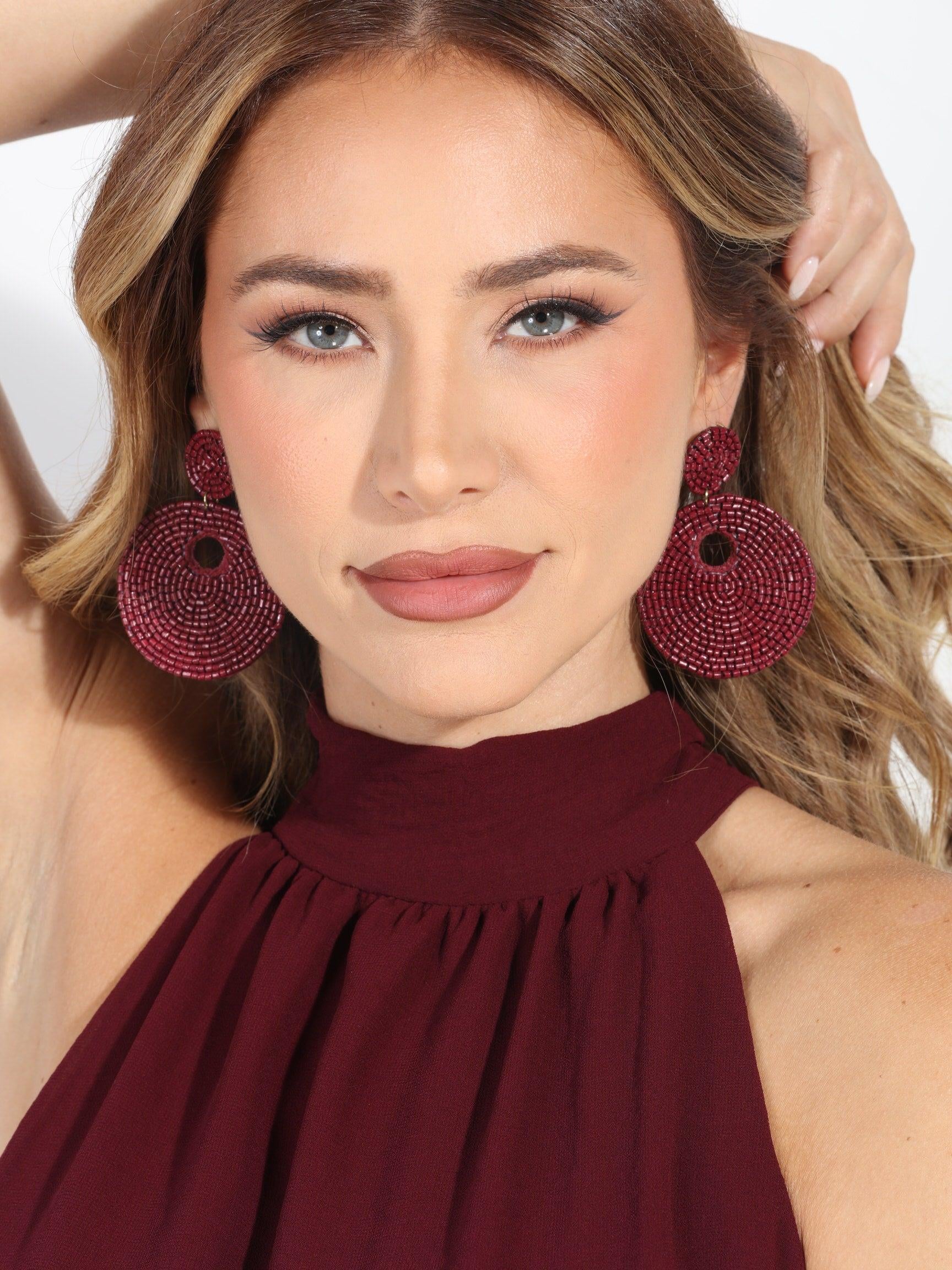 Burgundy Beaded Earrings