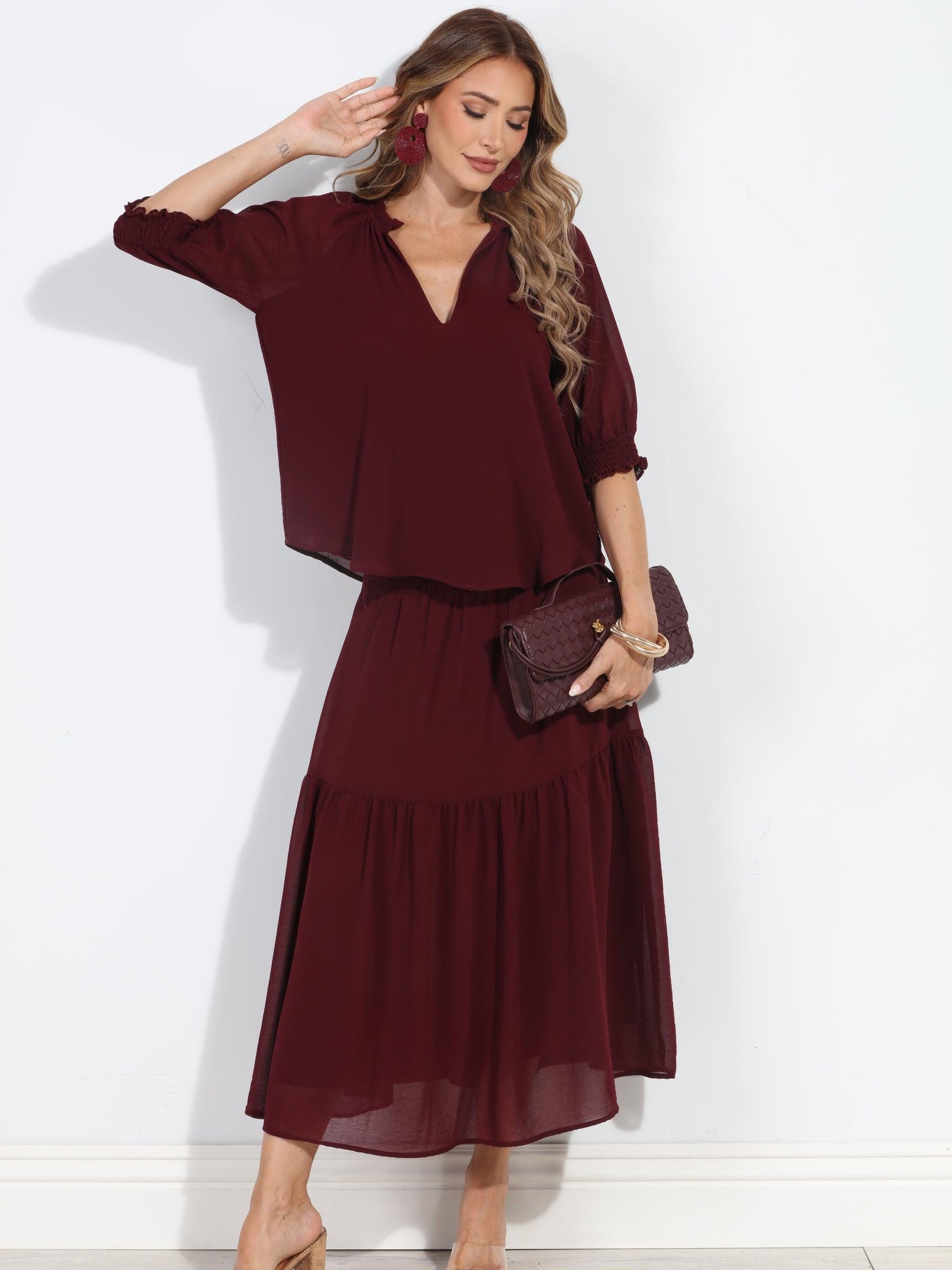 Burgundy Split Neck Blouse-BEST SELLER