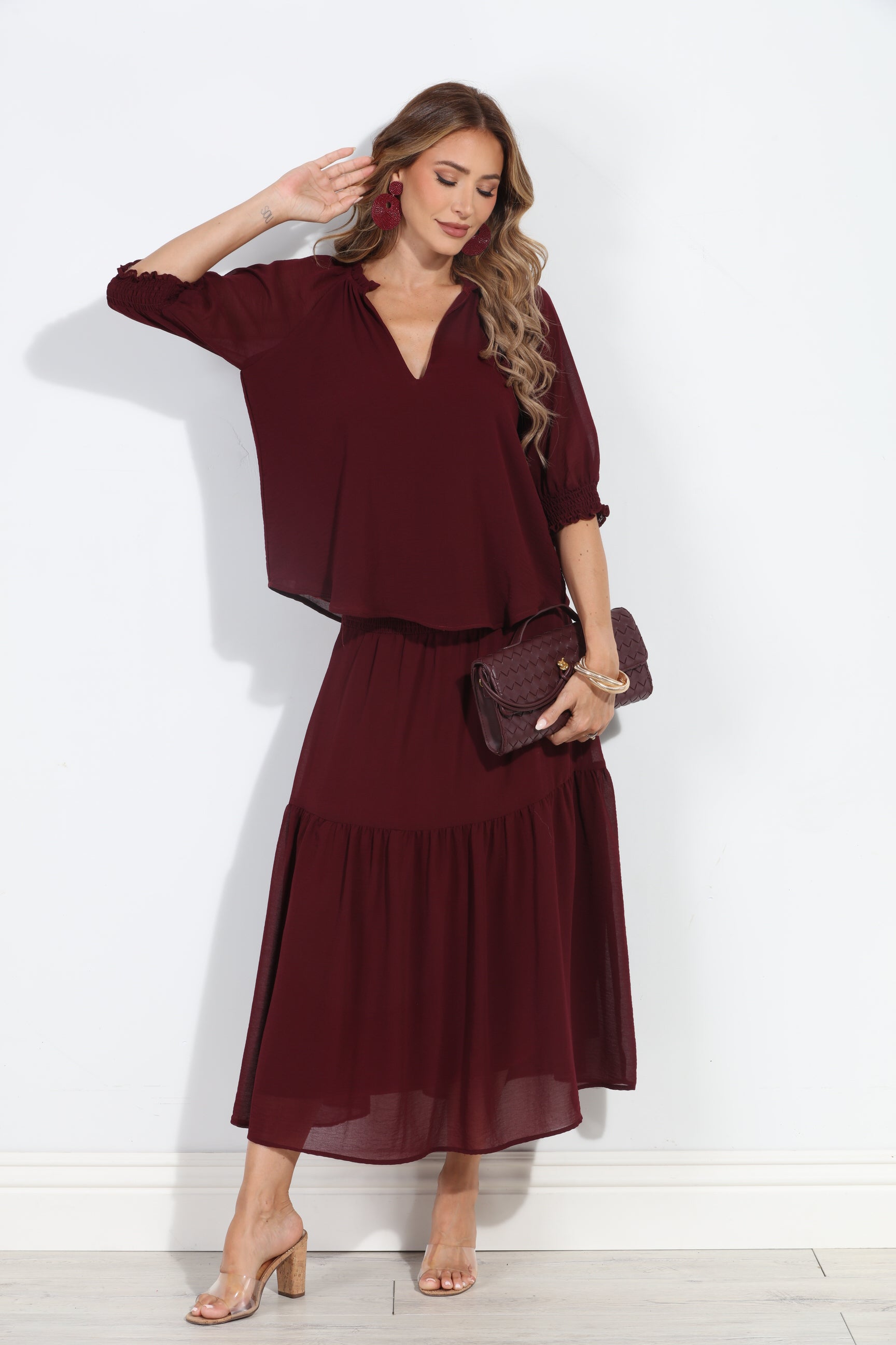 Burgundy Split Neck Blouse-BEST SELLER