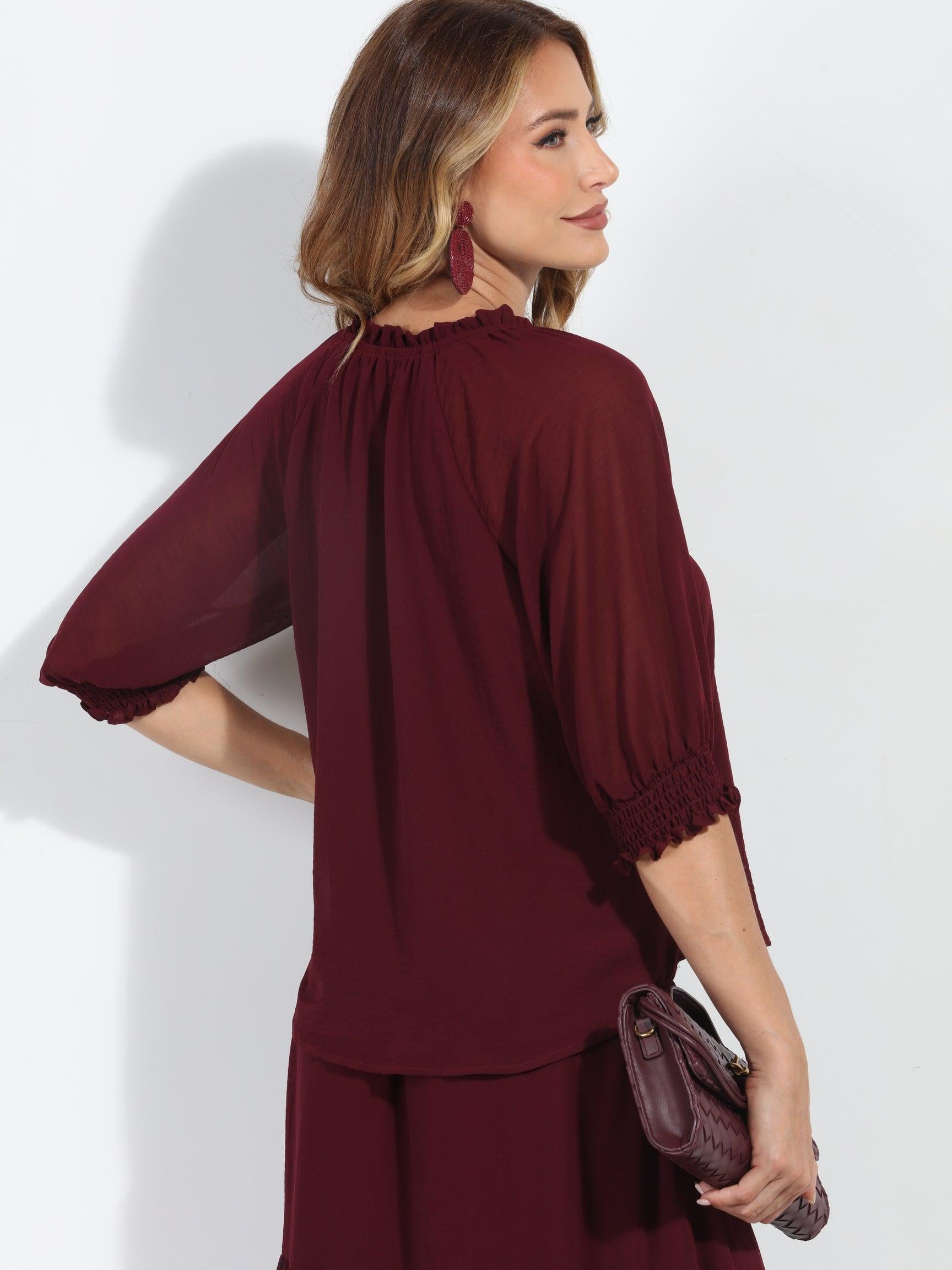 Burgundy Split Neck Blouse-BEST SELLER