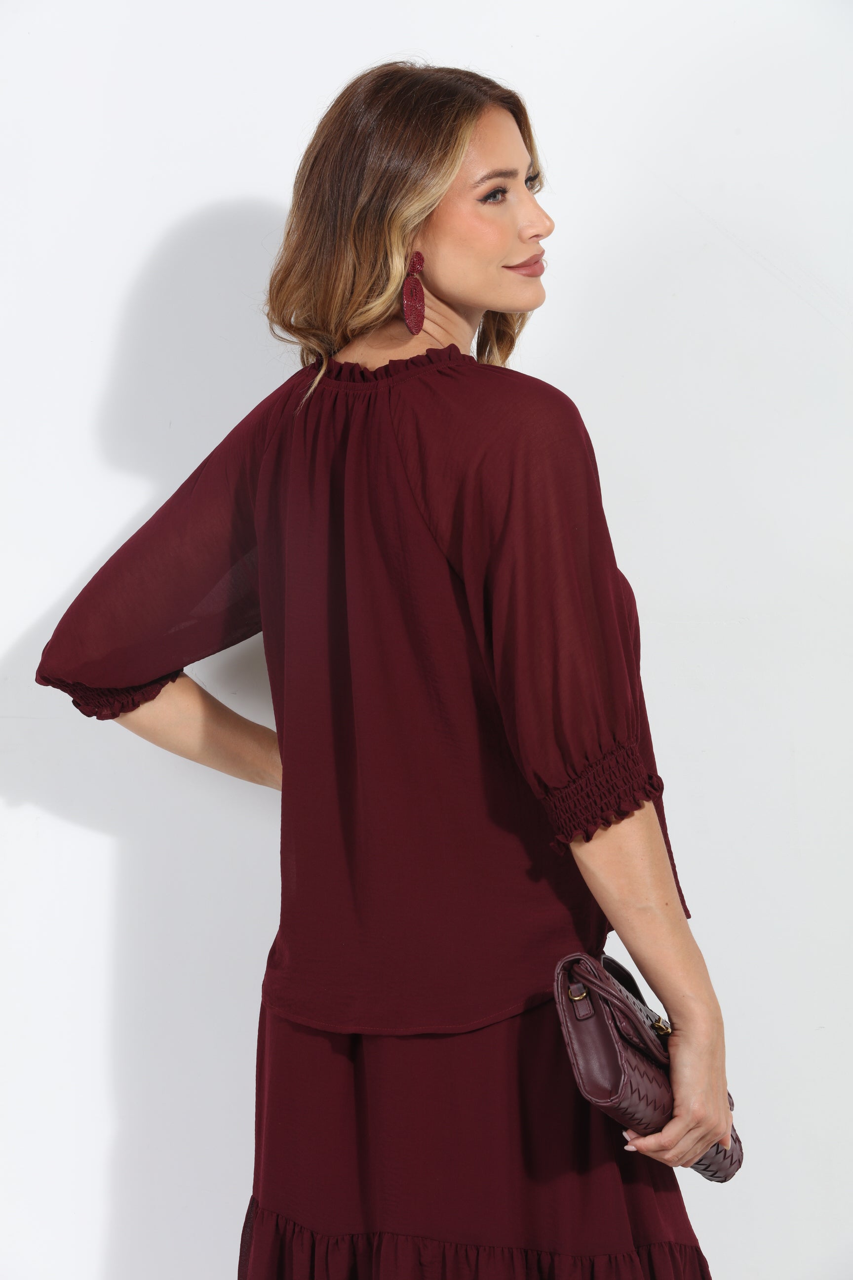 Burgundy Split Neck Blouse-BEST SELLER