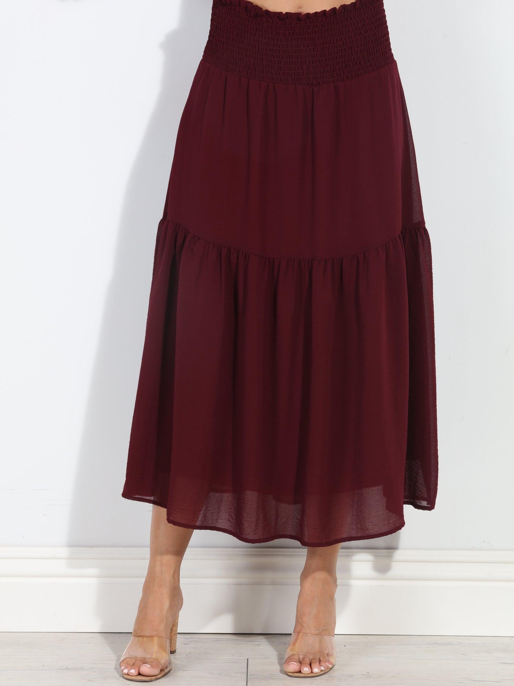 Burgundy Chiffon Ruffle Midi Skirt-BEST SELLER
