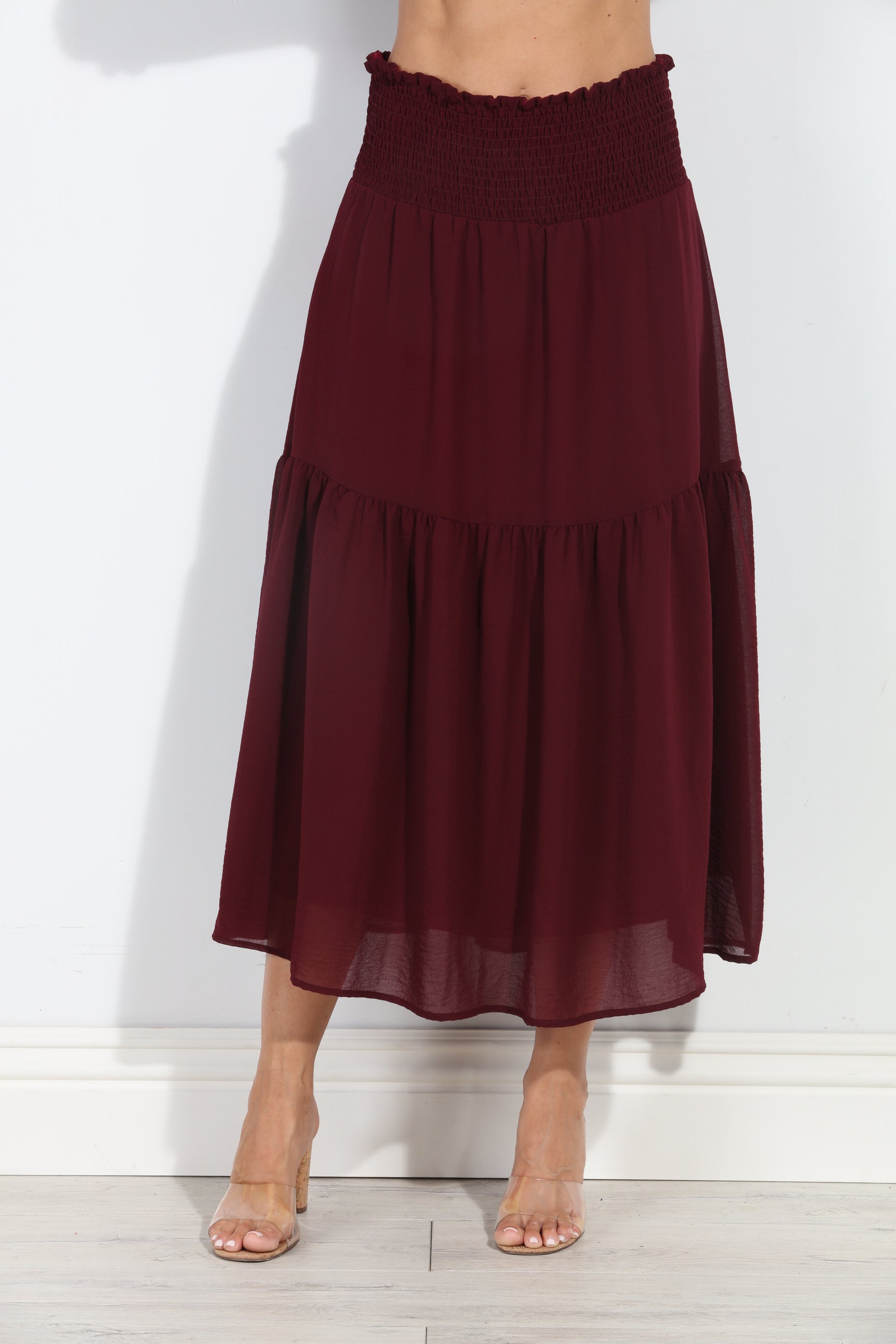 Burgundy Chiffon Ruffle Midi Skirt-BEST SELLER