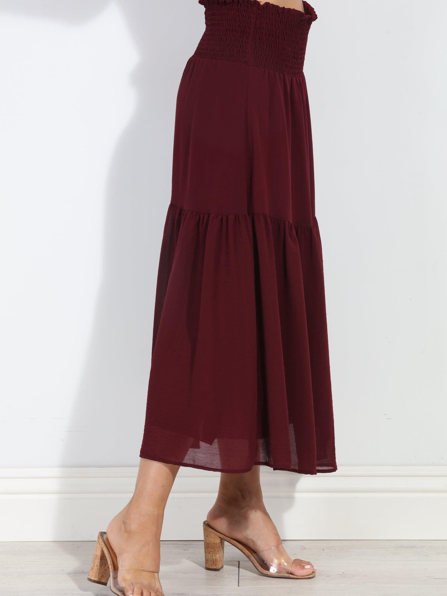 Burgundy Chiffon Ruffle Midi Skirt-BEST SELLER