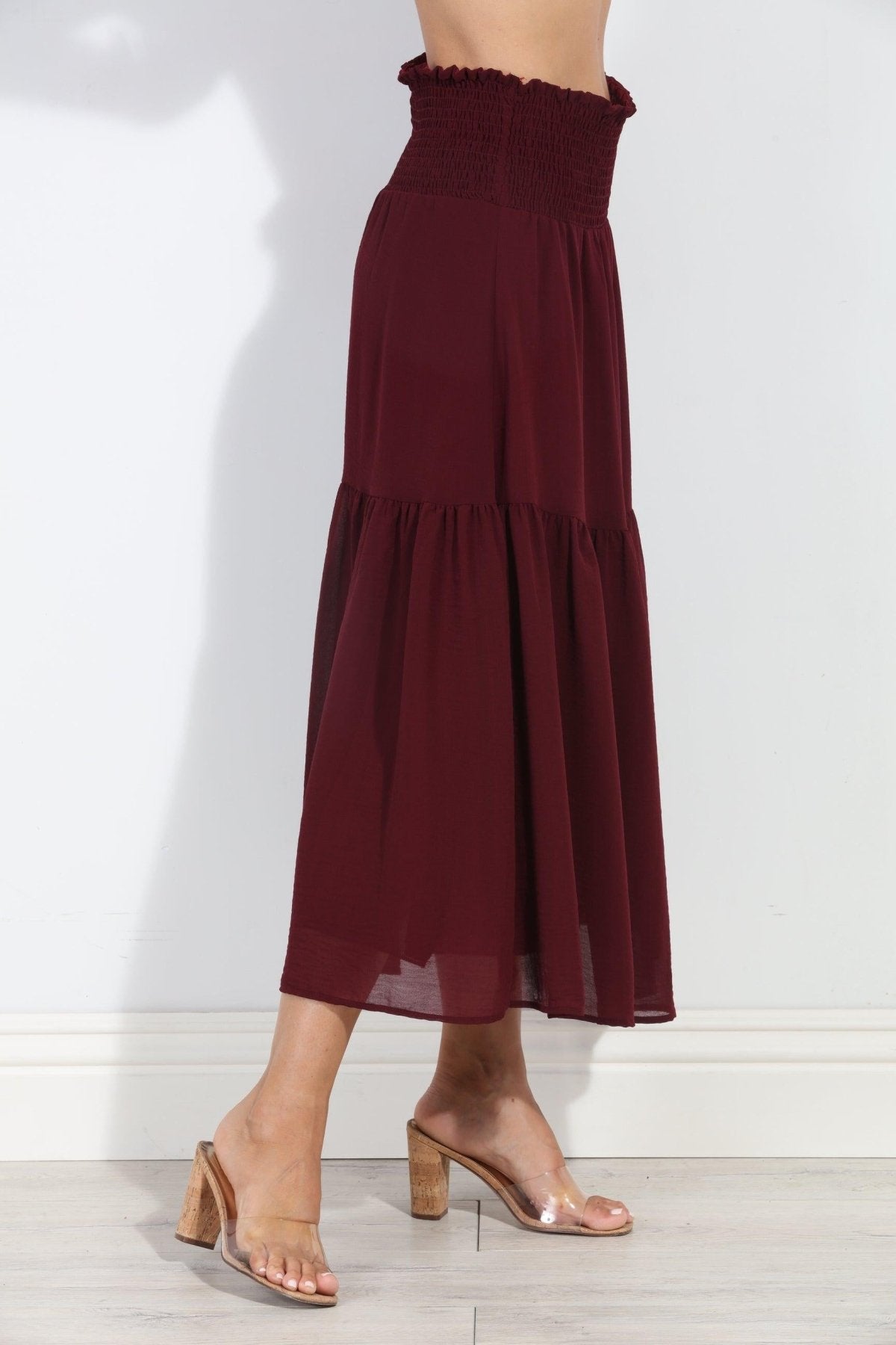Burgundy Chiffon Ruffle Midi Skirt-BEST SELLER