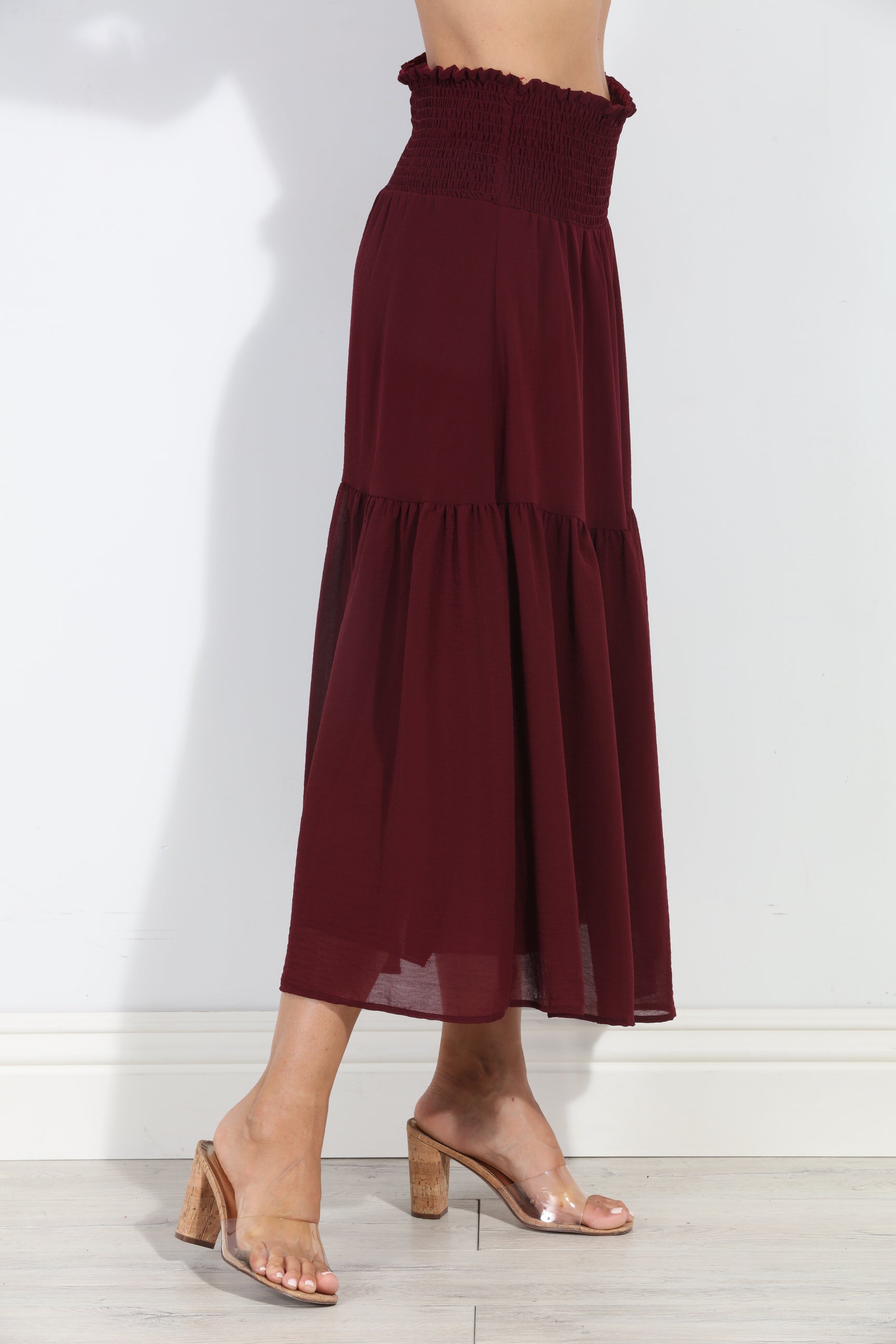 Burgundy Chiffon Ruffle Midi Skirt-BEST SELLER