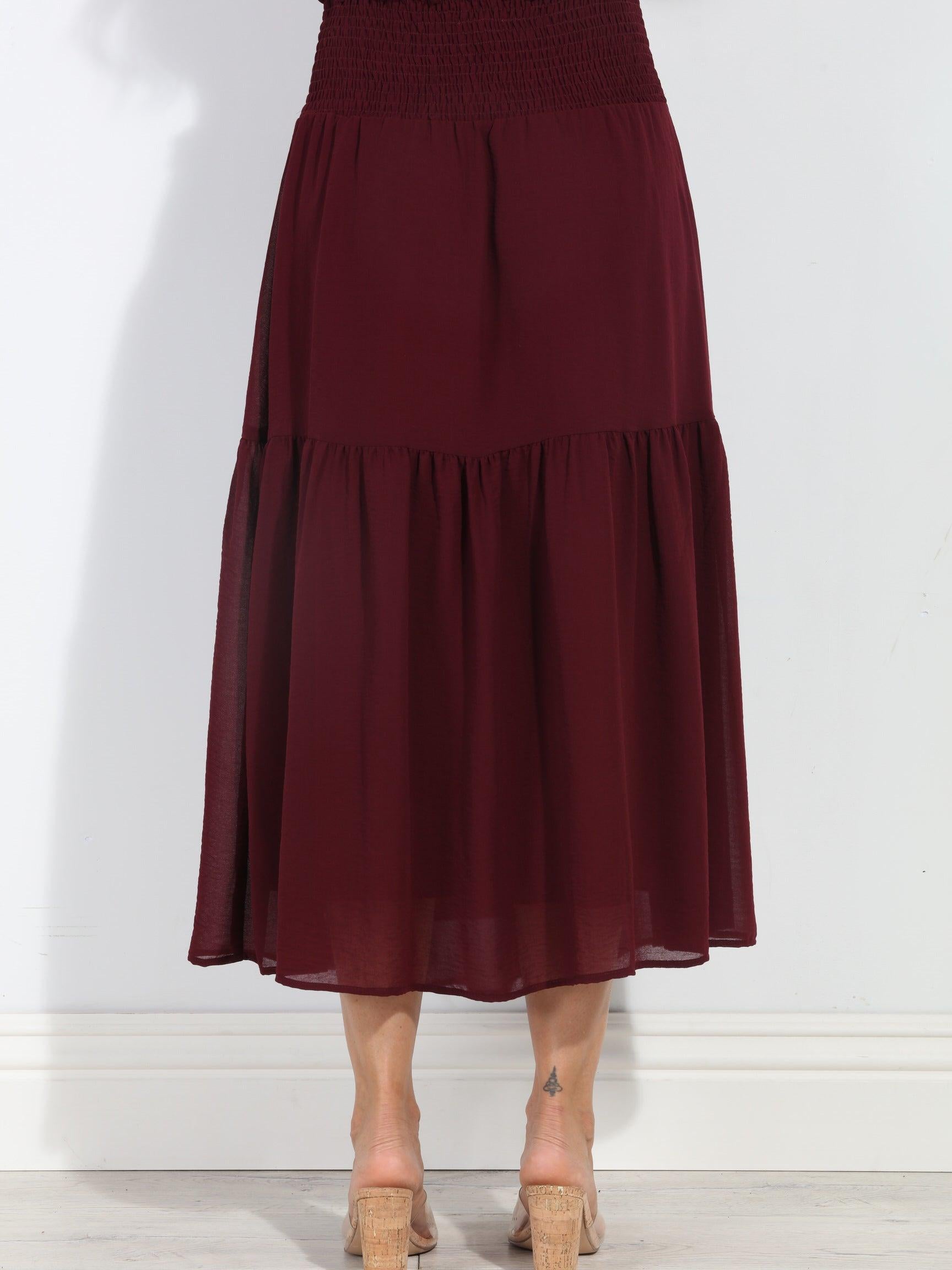 Burgundy Chiffon Ruffle Midi Skirt-BEST SELLER