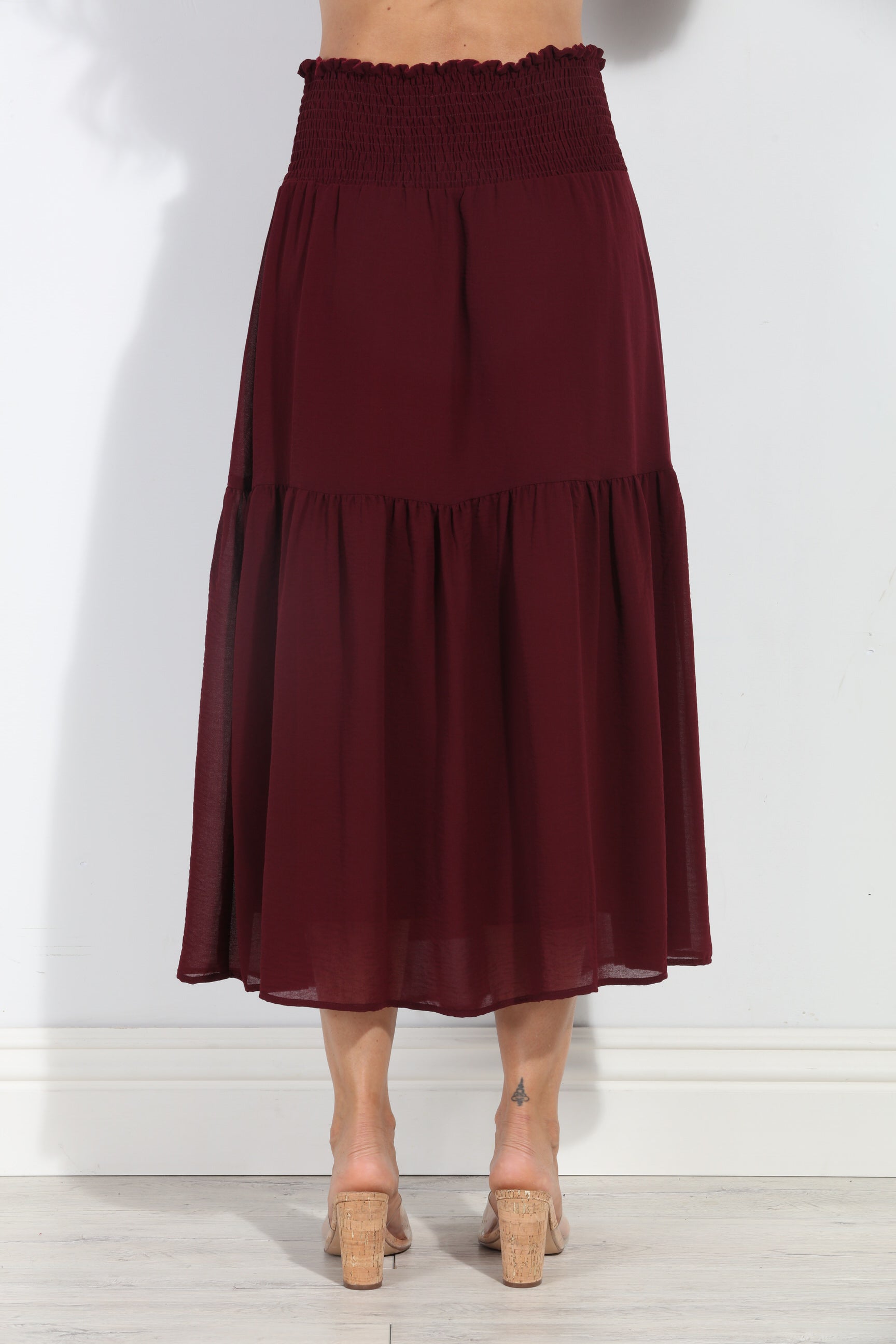 Burgundy Chiffon Ruffle Midi Skirt-BEST SELLER