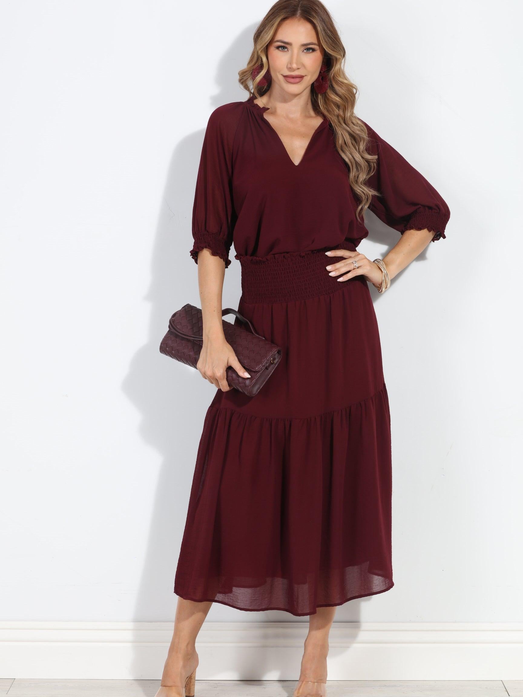 Burgundy Chiffon Ruffle Midi Skirt-BEST SELLER
