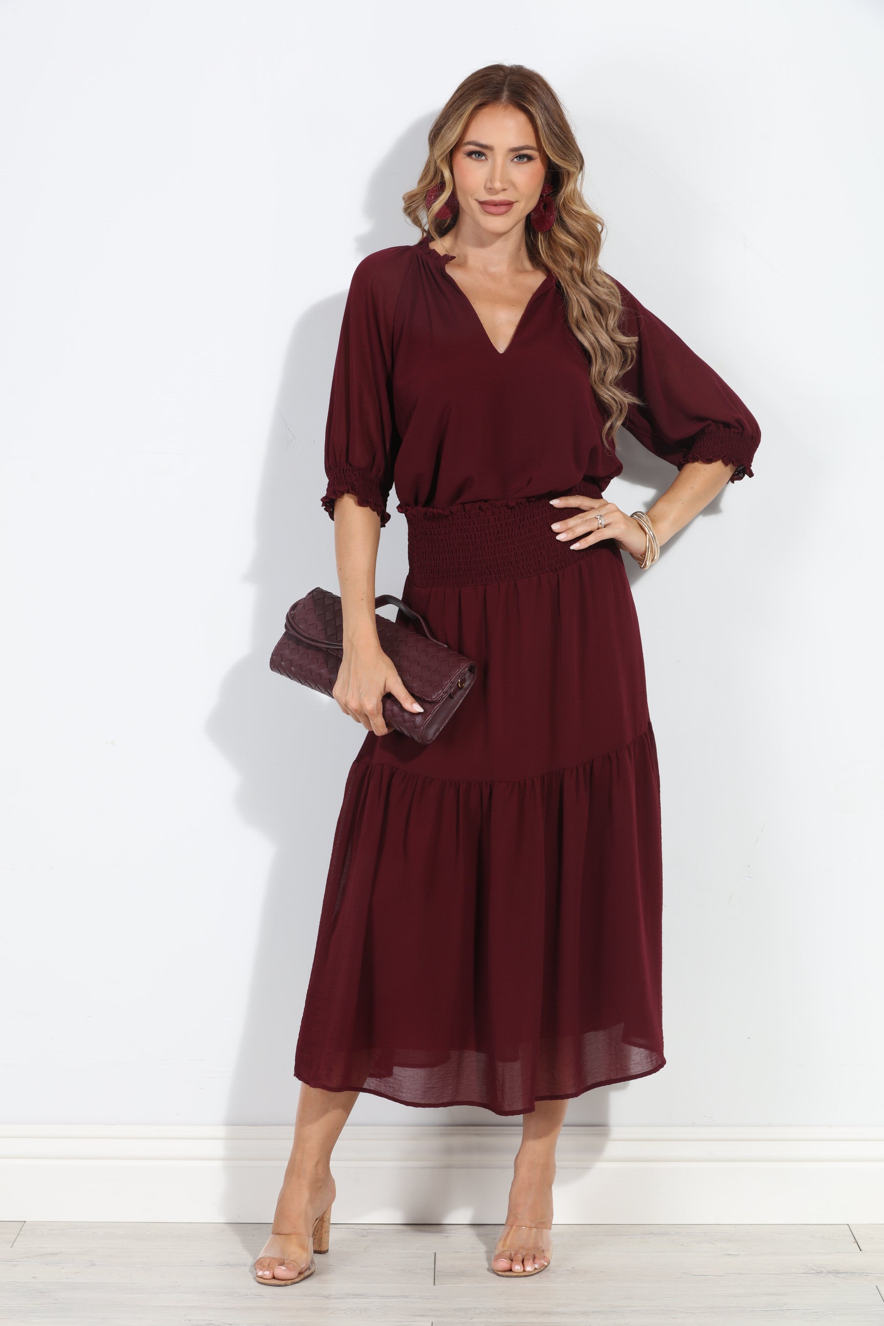 Burgundy Chiffon Ruffle Midi Skirt-BEST SELLER