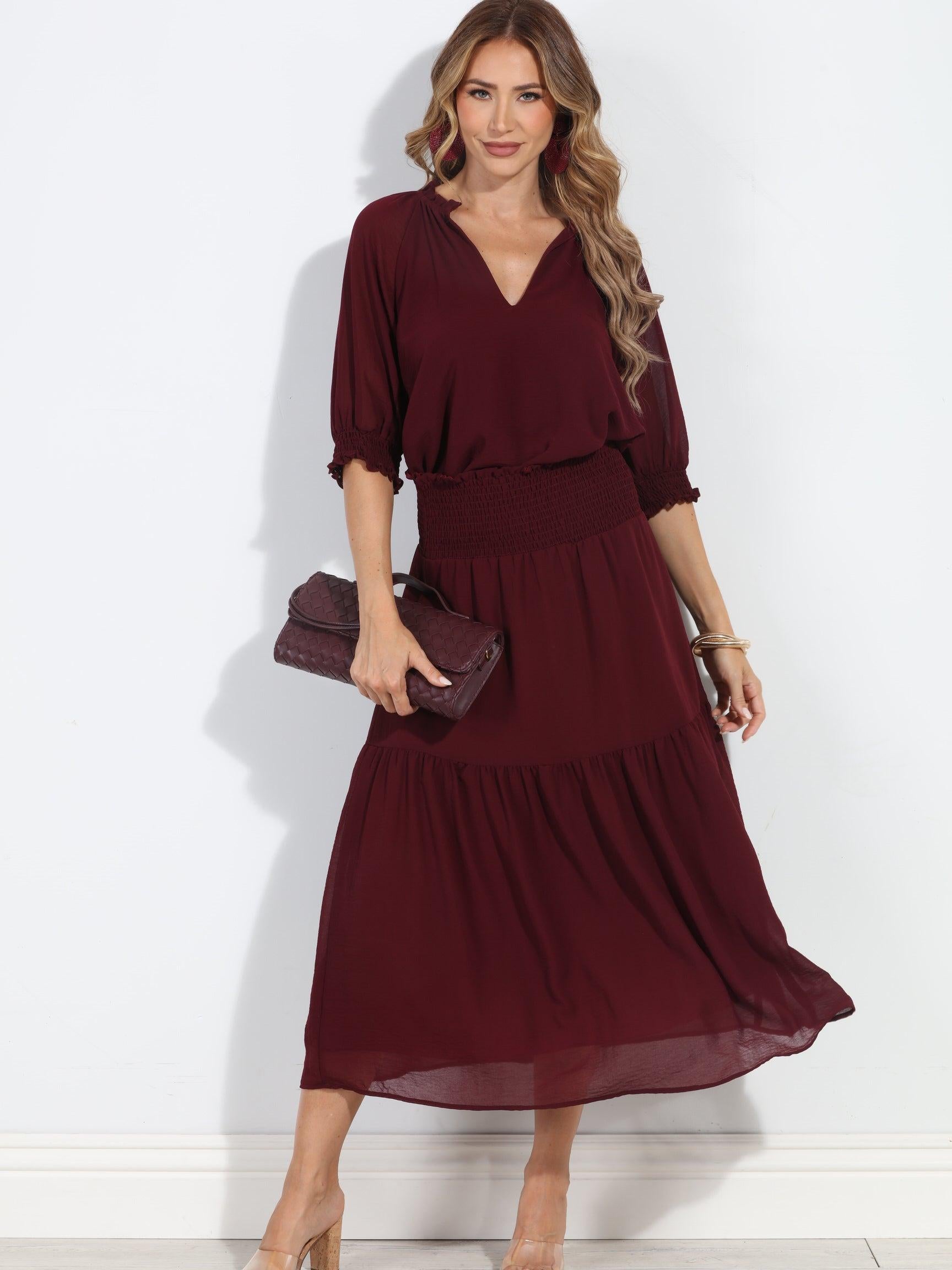 Burgundy Chiffon Ruffle Midi Skirt-BEST SELLER