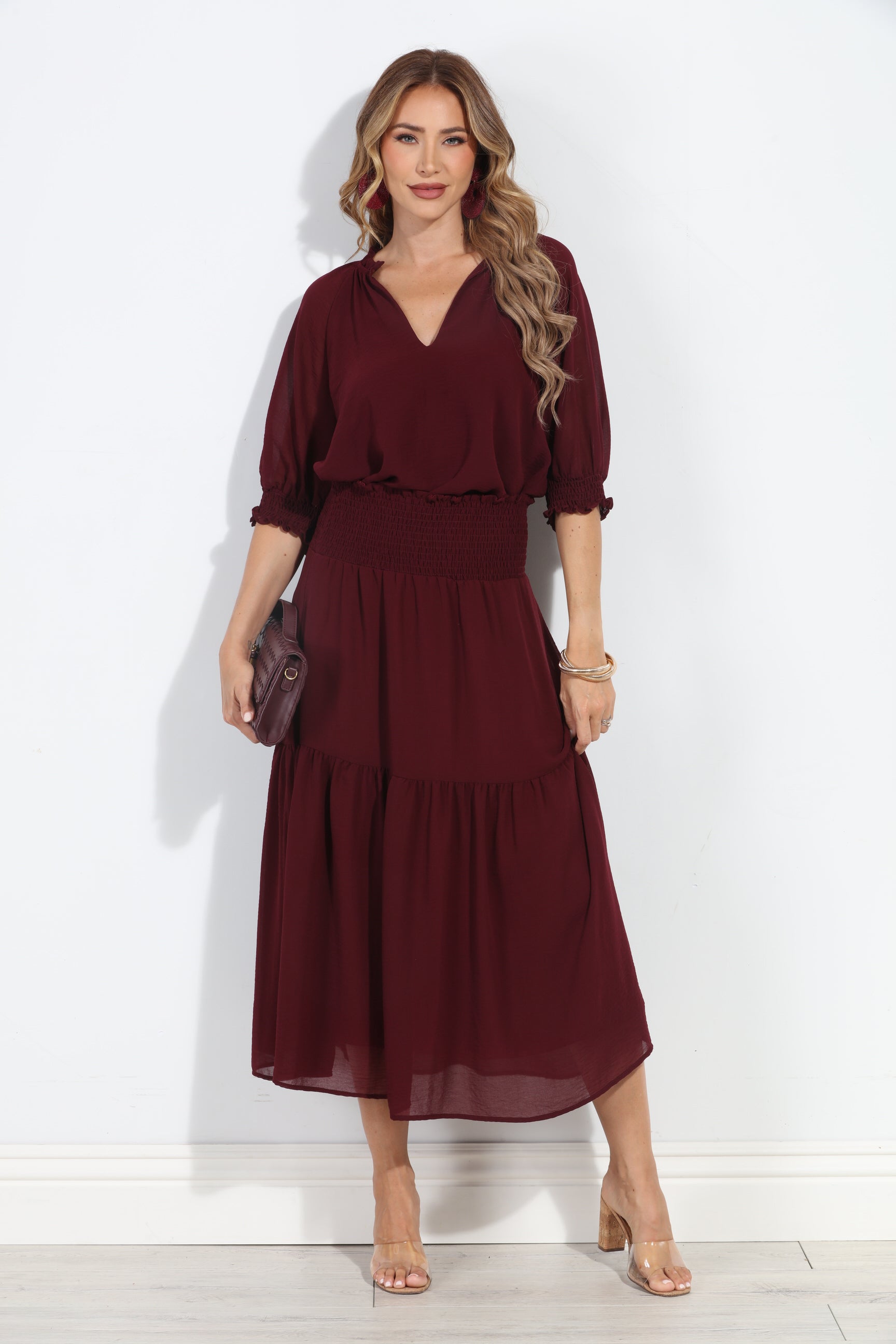 Burgundy Chiffon Ruffle Midi Skirt-BEST SELLER