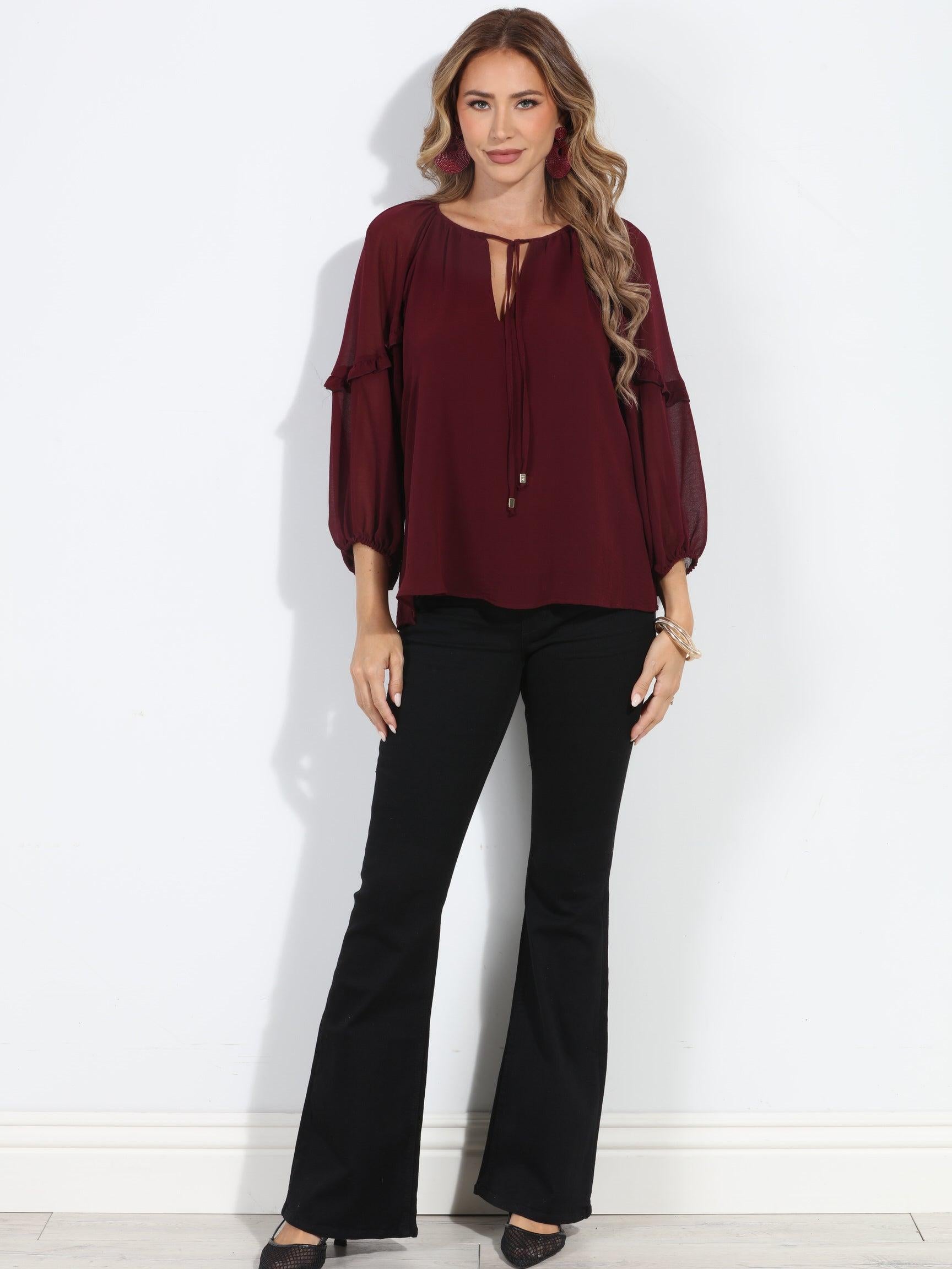 Burgundy Ruffle Chiffon Blouse