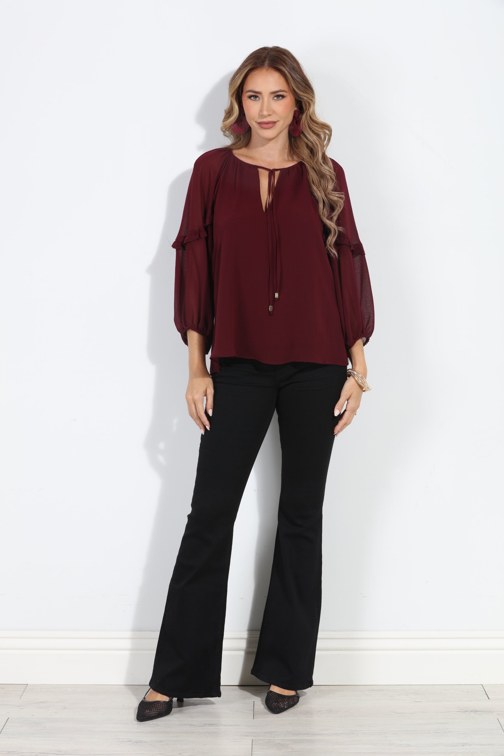 Burgundy Ruffle Chiffon Blouse