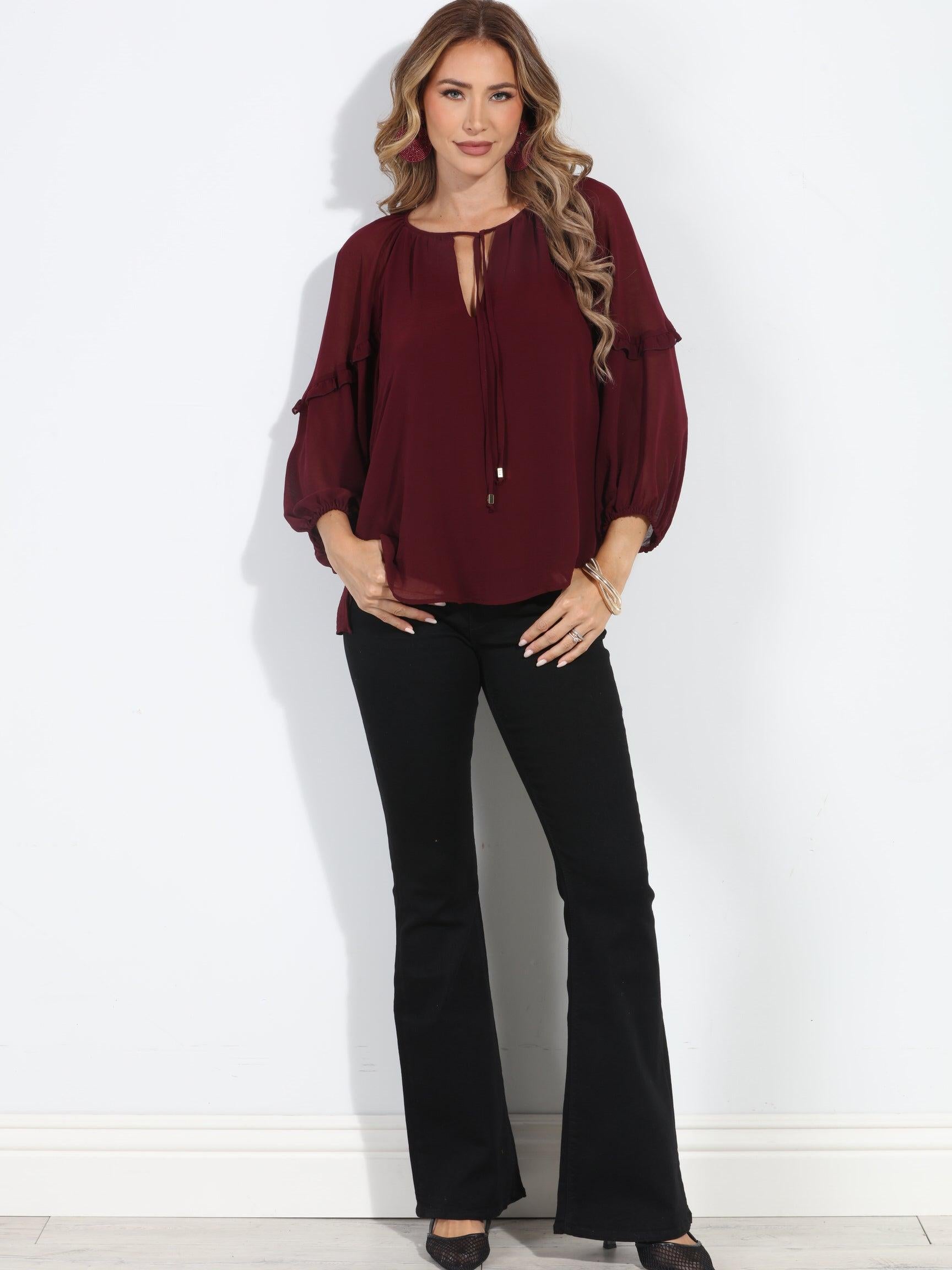 Burgundy Ruffle Chiffon Blouse