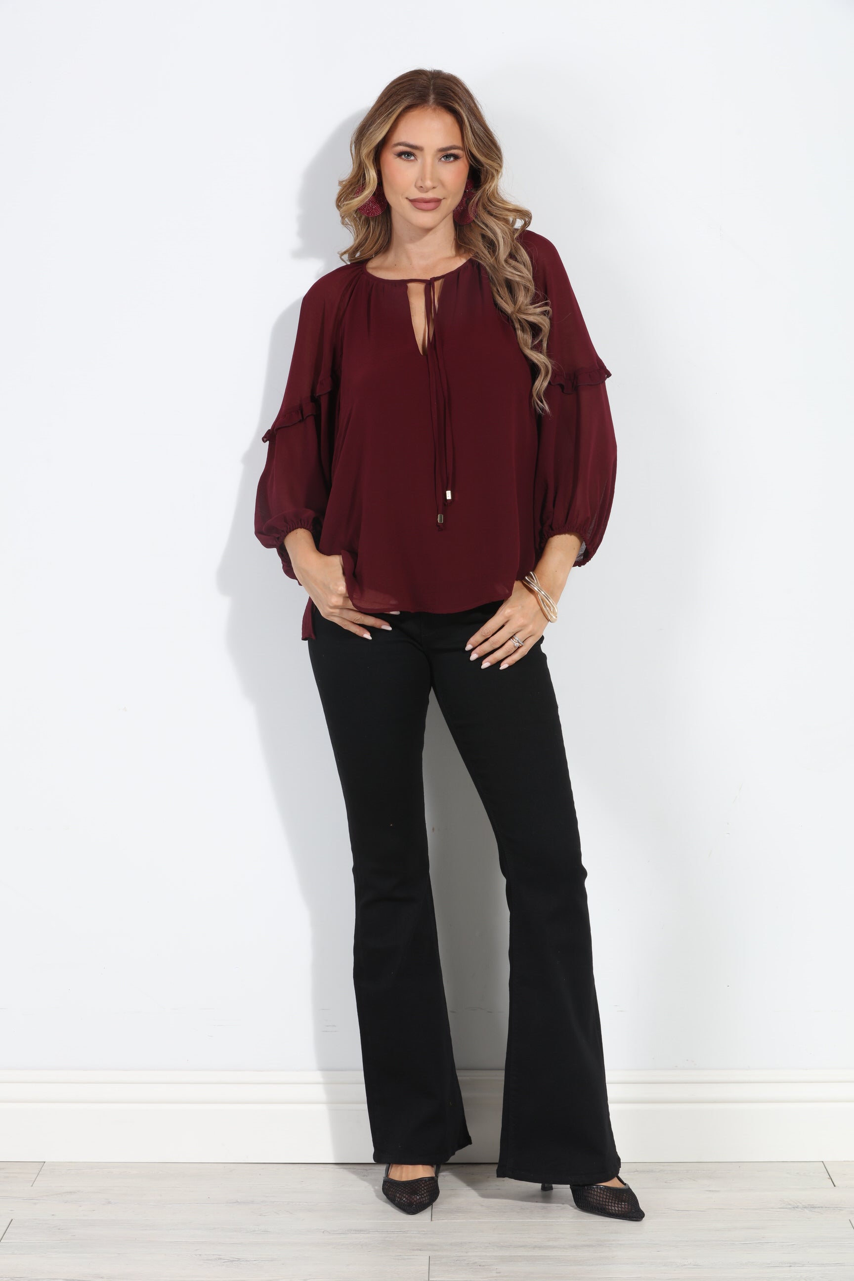 Burgundy Ruffle Chiffon Blouse