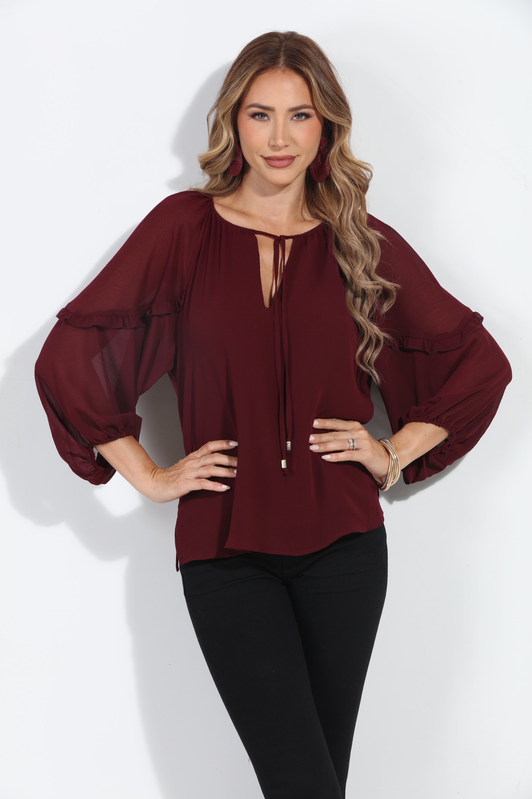 Burgundy Ruffle Chiffon Blouse