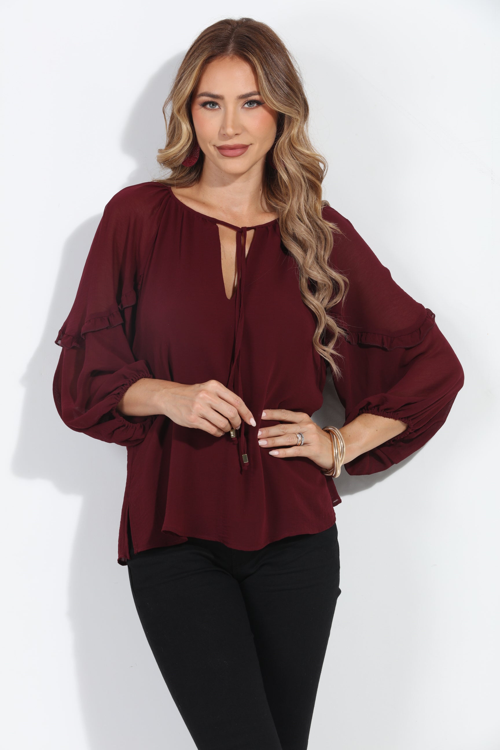 Burgundy Ruffle Chiffon Blouse