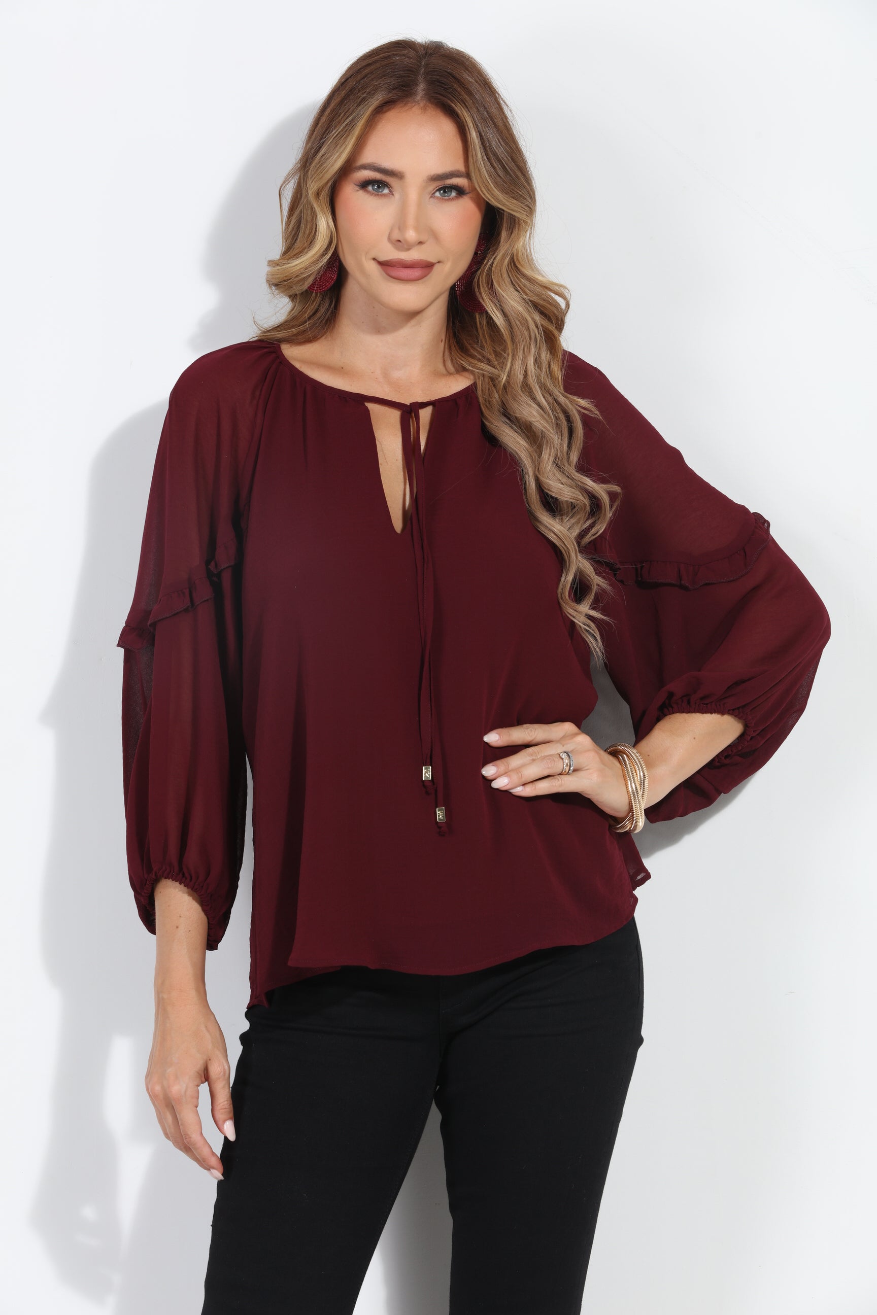 Burgundy Ruffle Chiffon Blouse