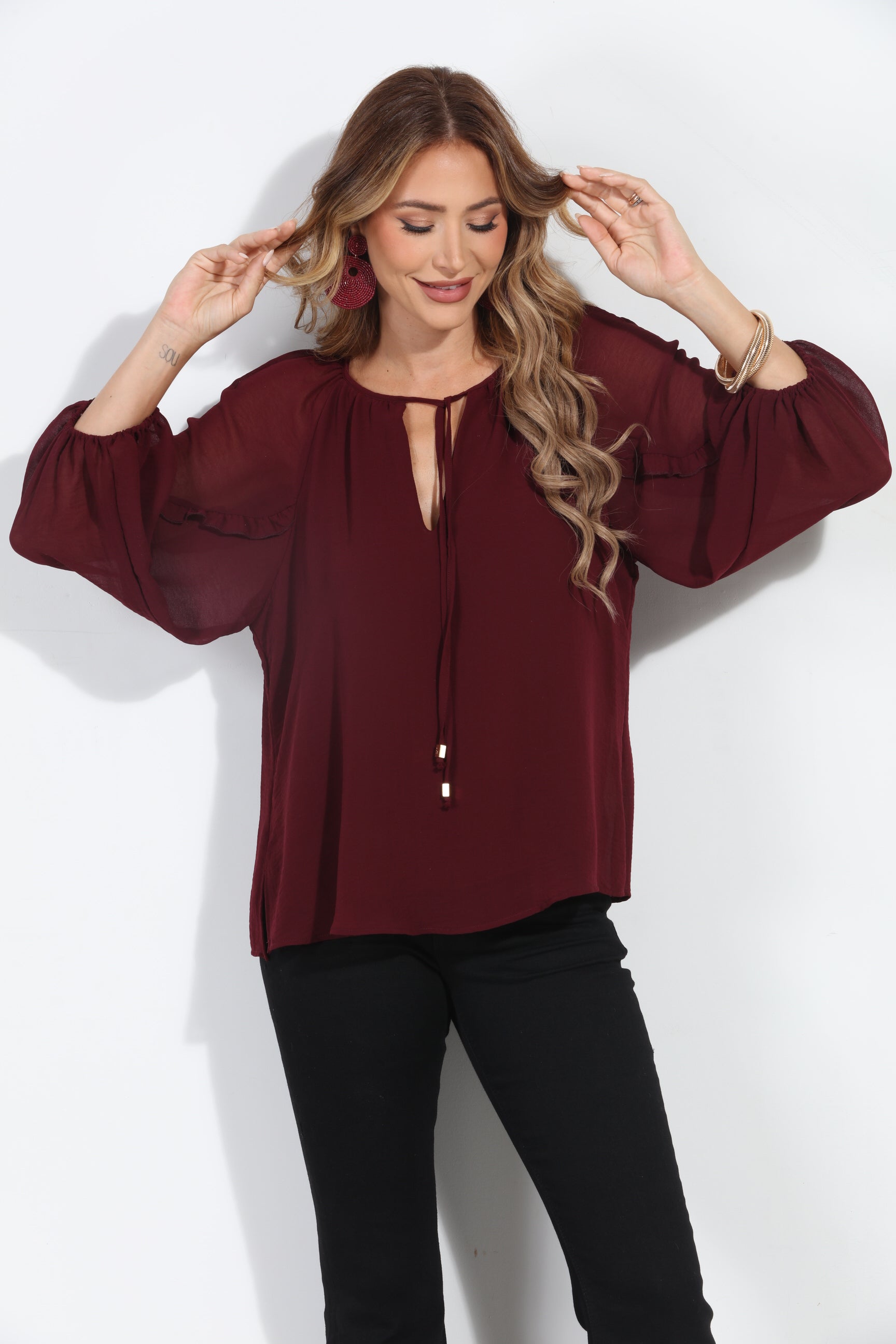 Burgundy Ruffle Chiffon Blouse