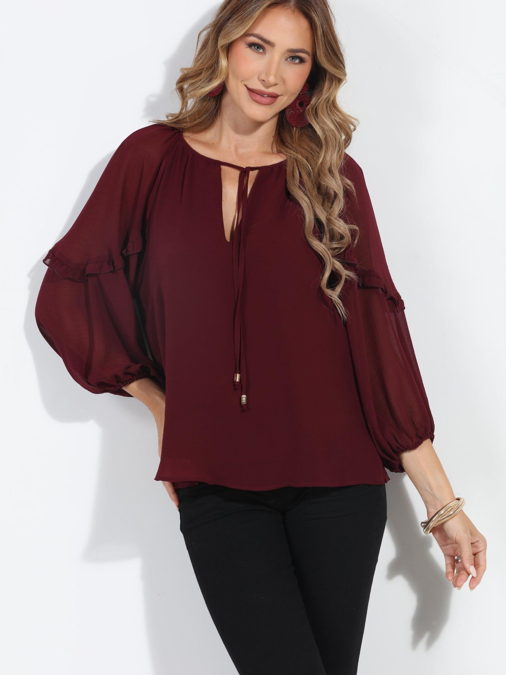 Burgundy Ruffle Chiffon Blouse