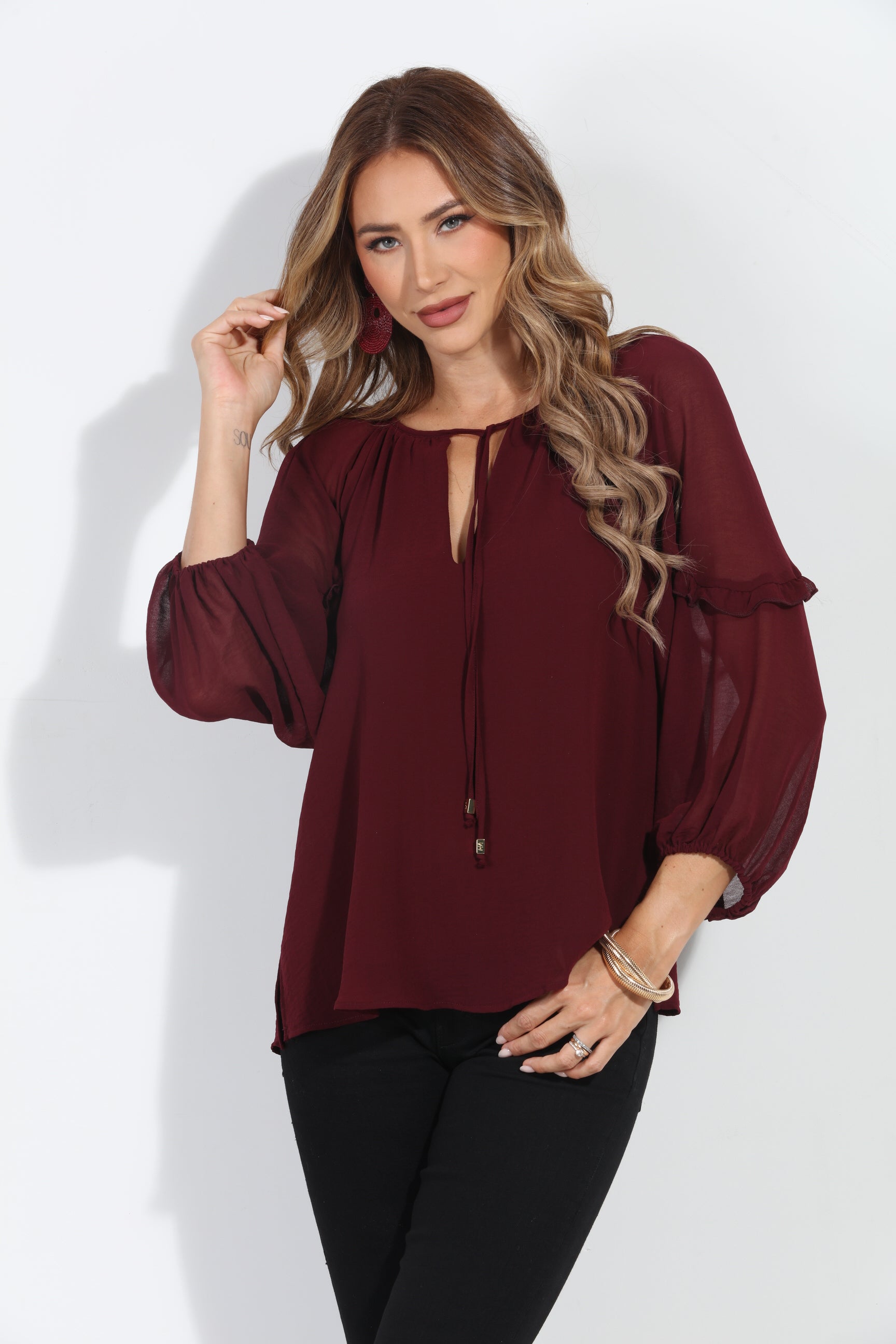 Burgundy Ruffle Chiffon Blouse