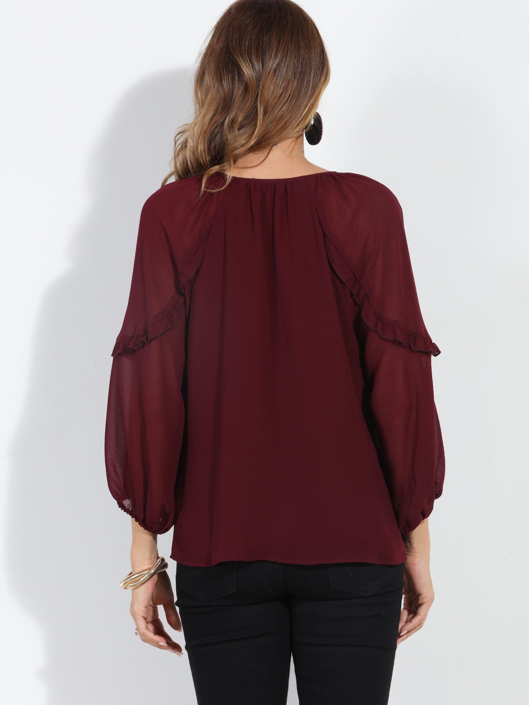 Burgundy Ruffle Chiffon Blouse