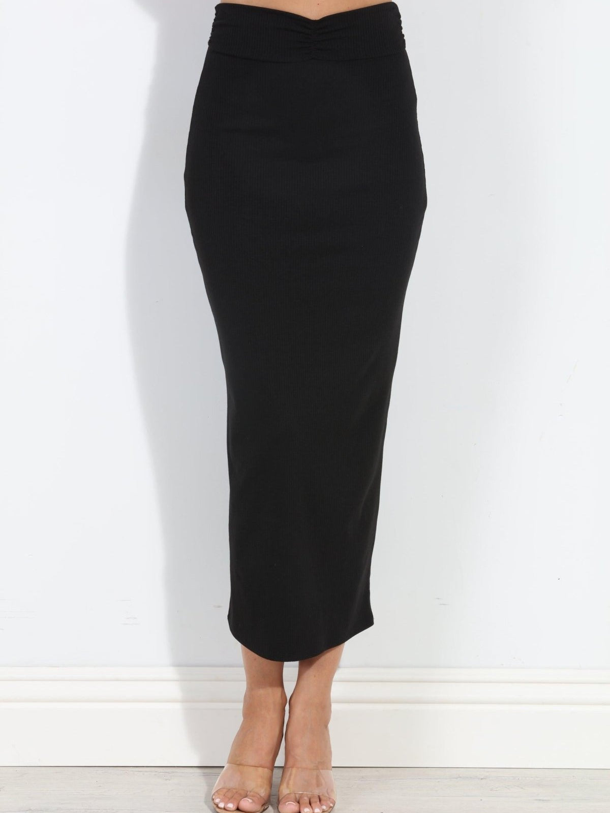 Black Lux Ribbed Stretch Fitted Midi Skirt-BEST SELLER