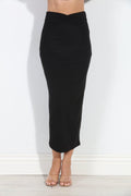 Black Lux Ribbed Stretch Fitted Midi Skirt-BEST SELLER