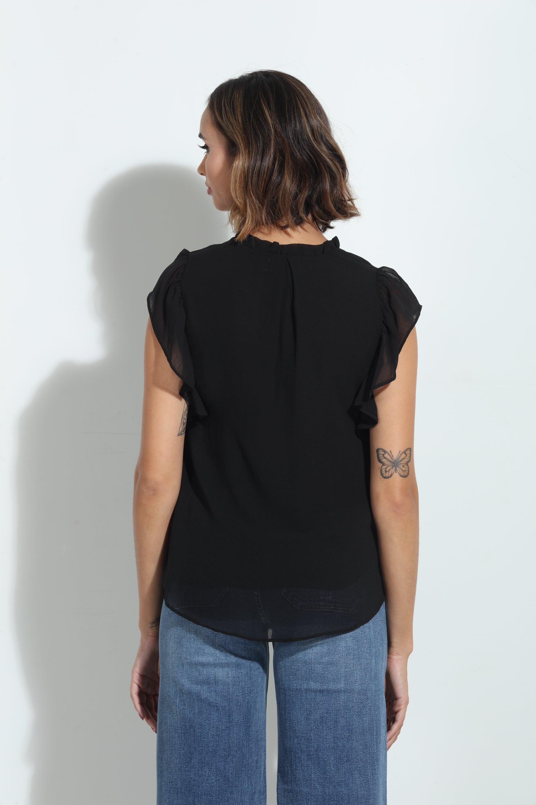 Black V-Neck Ruffle Tee-BEST SELLER