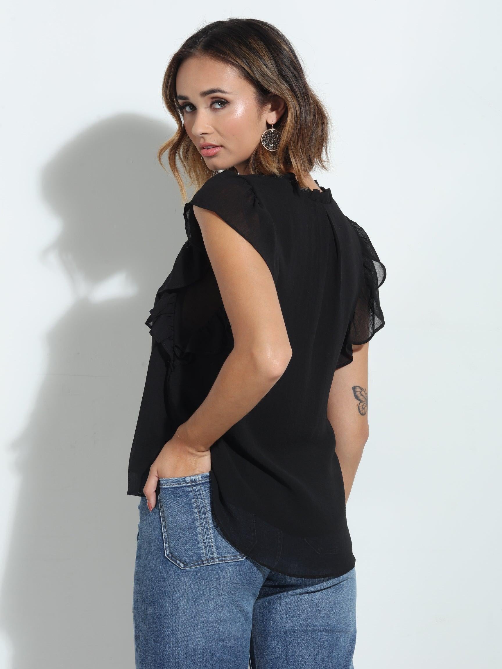 Black V-Neck Ruffle Tee-BEST SELLER