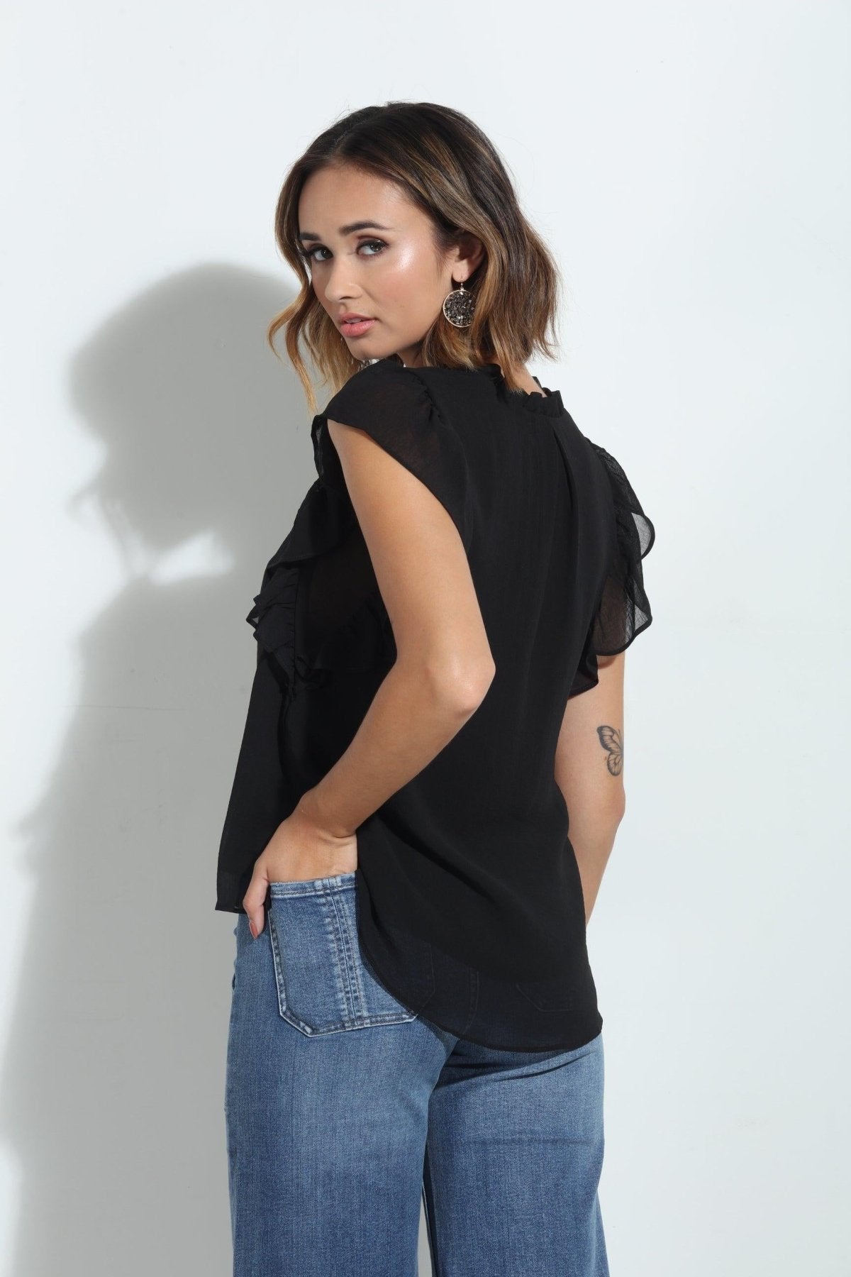 Black V-Neck Ruffle Tee-BEST SELLER