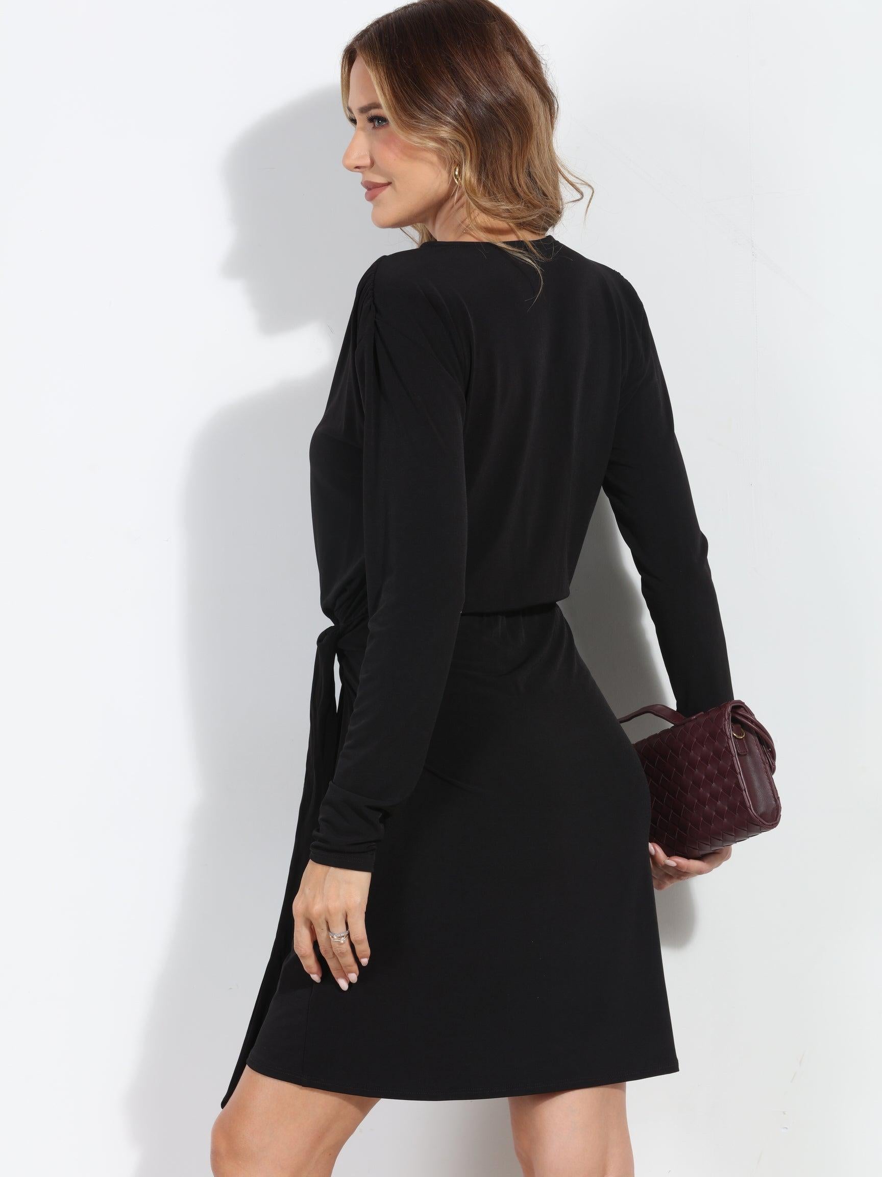 Black Stretch Faux Wrap Dress-BEST SELLER