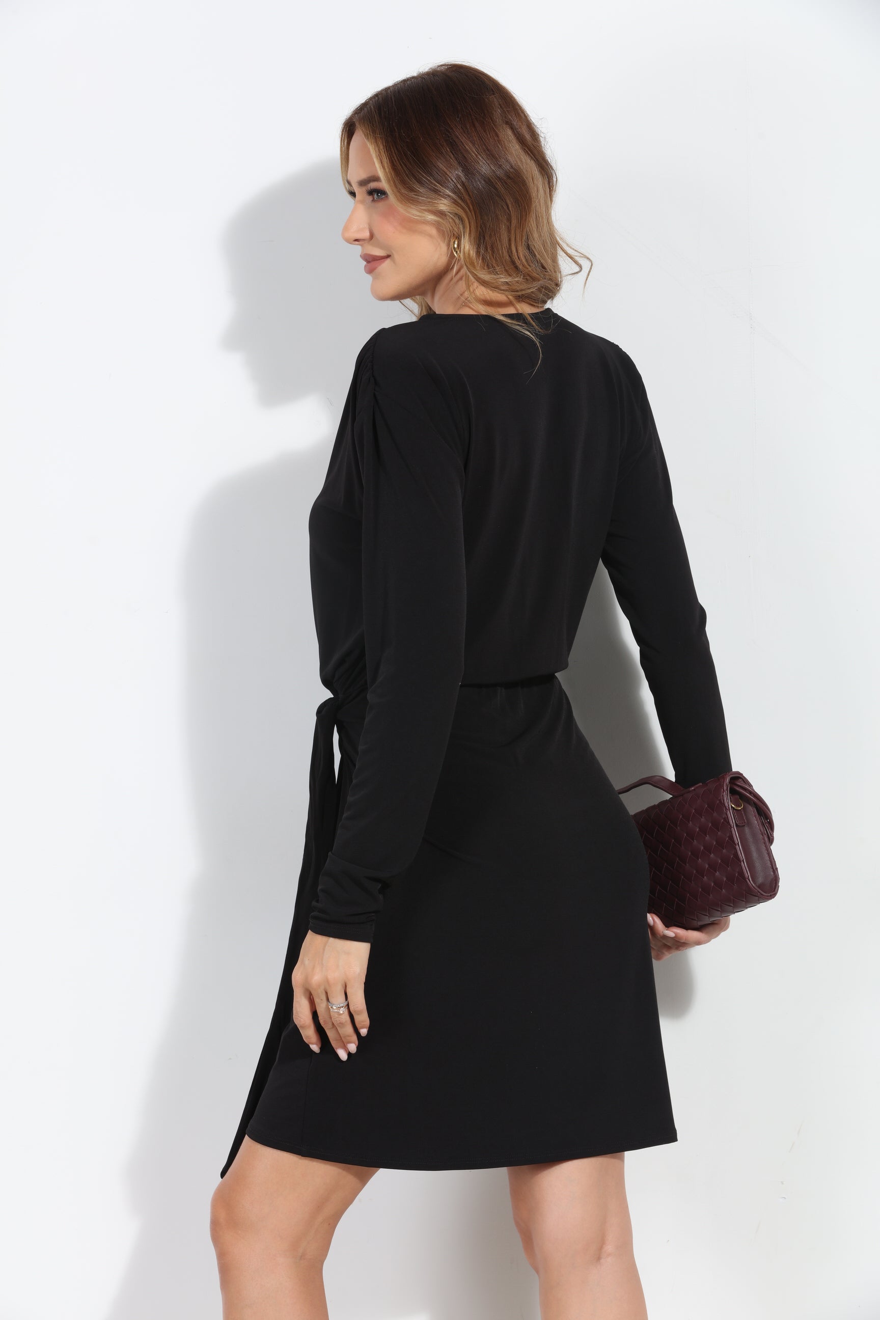 Black Stretch Faux Wrap Dress