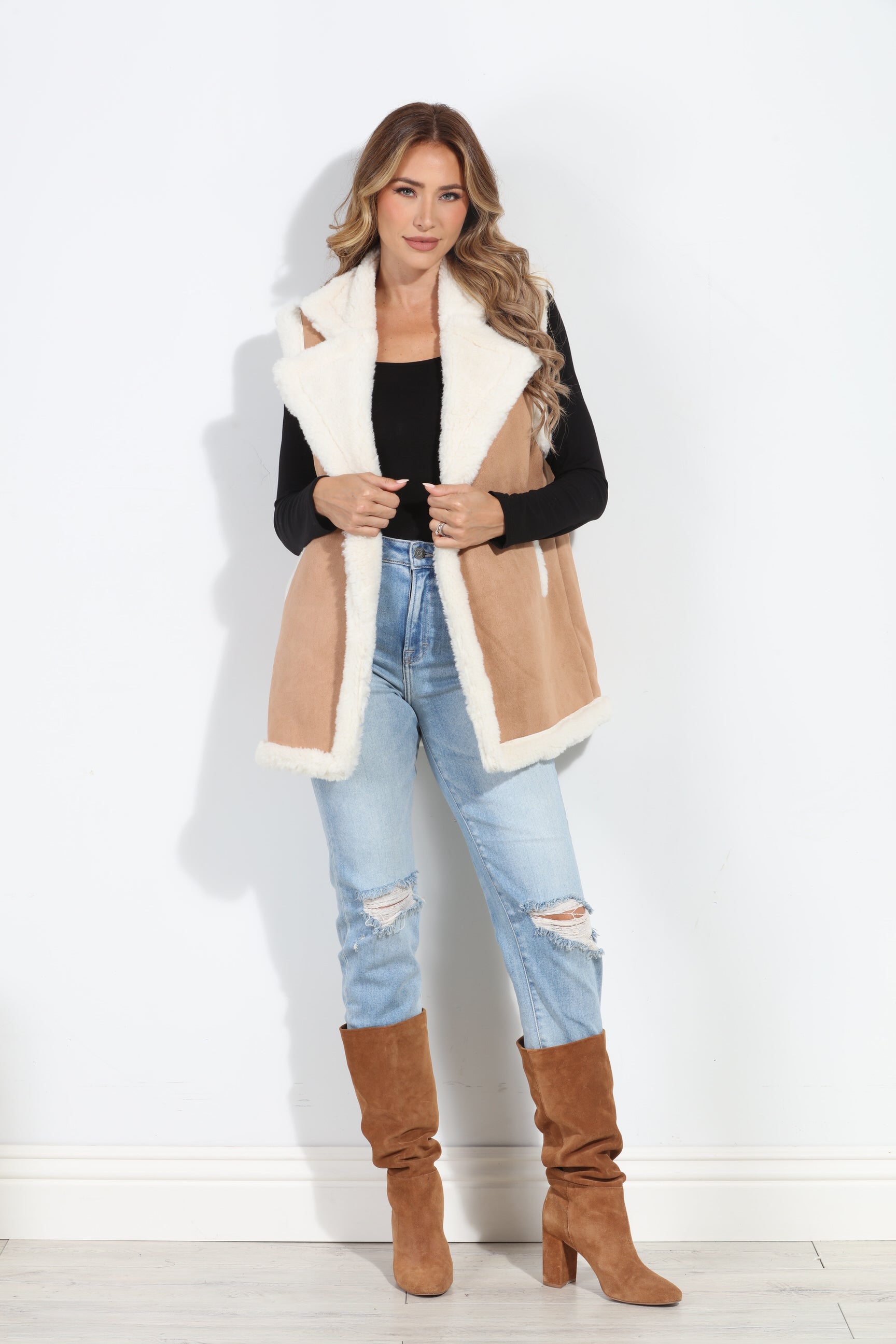 Camel/Ivory Faux Suede Vest-BEST SELLER