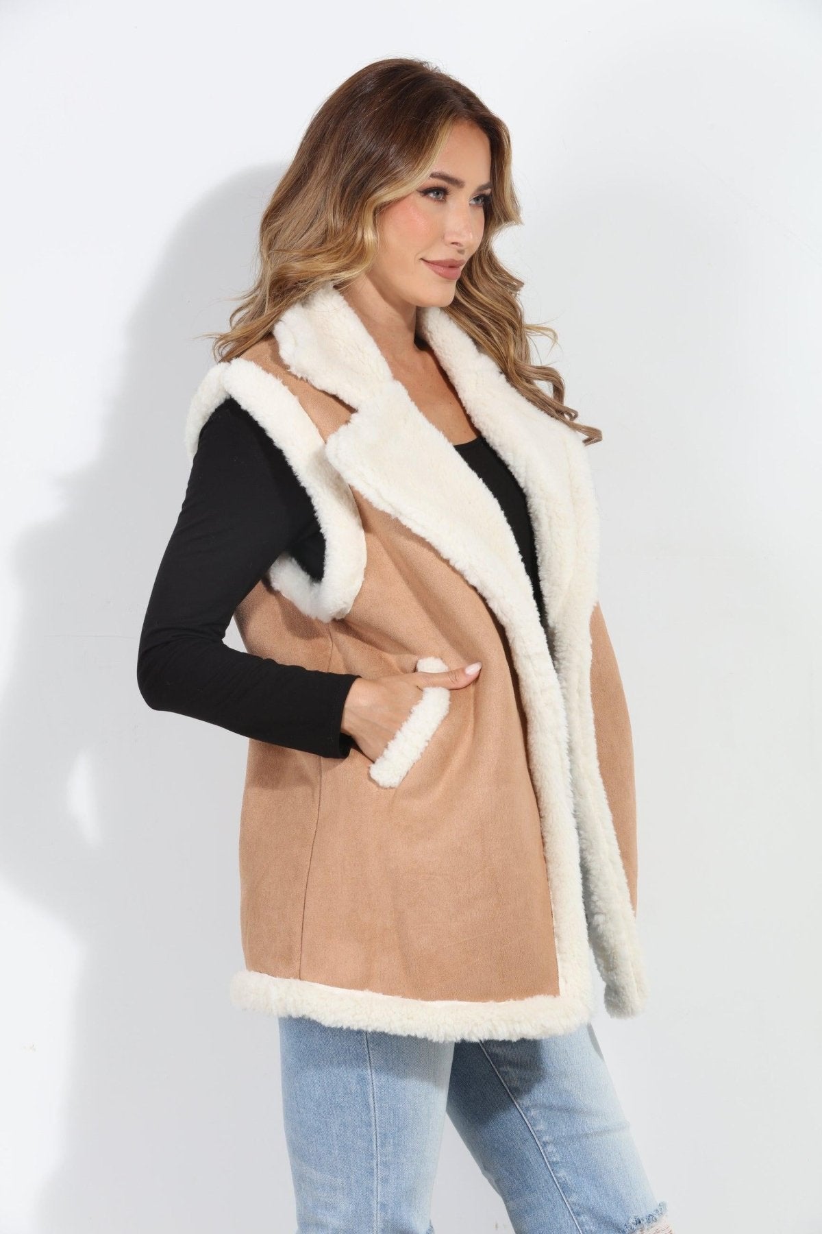 Camel/Ivory Faux Suede Vest-FINAL SALE