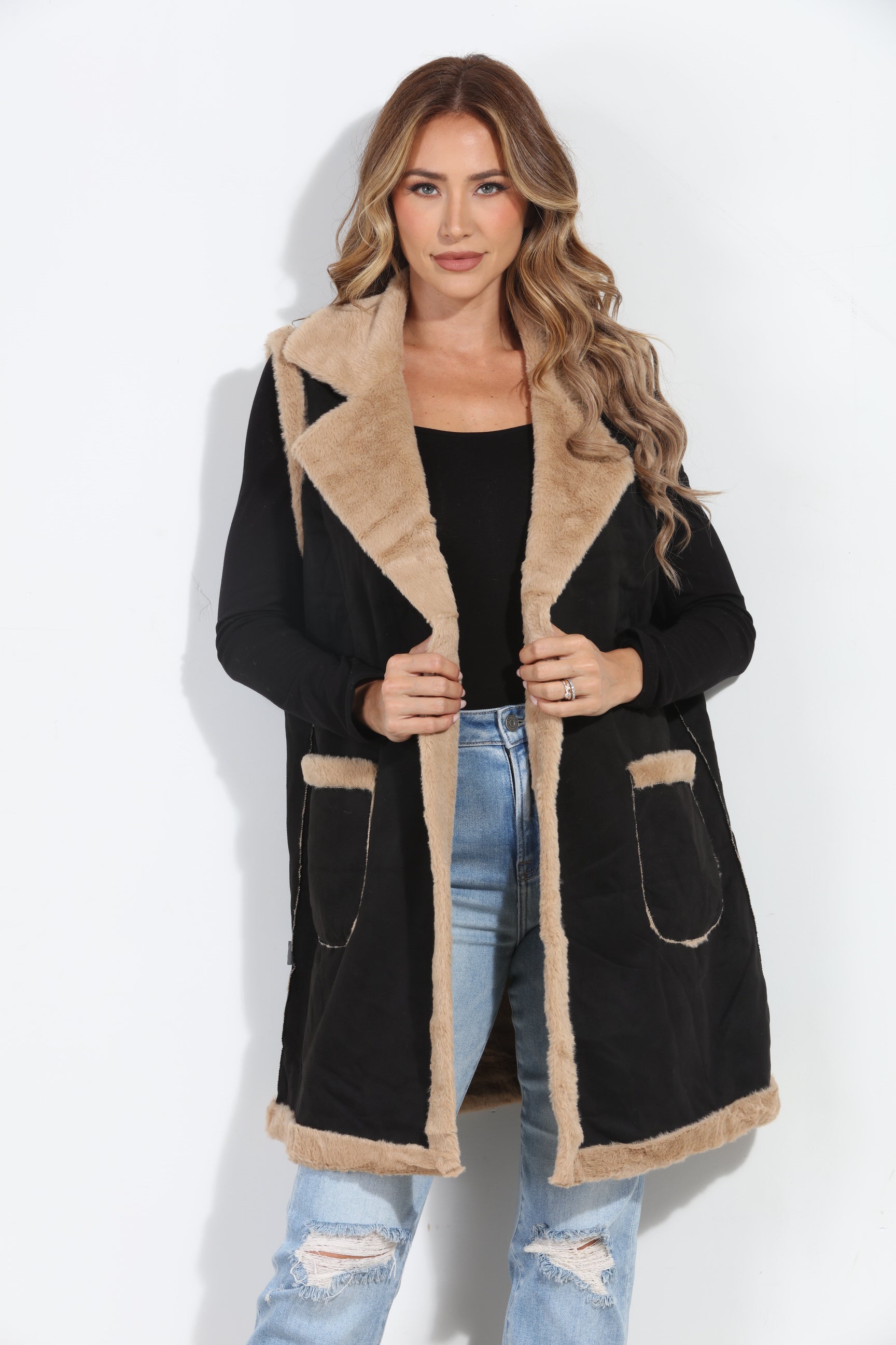 Black/Tan Faux Suede Vest-BEST SELLER