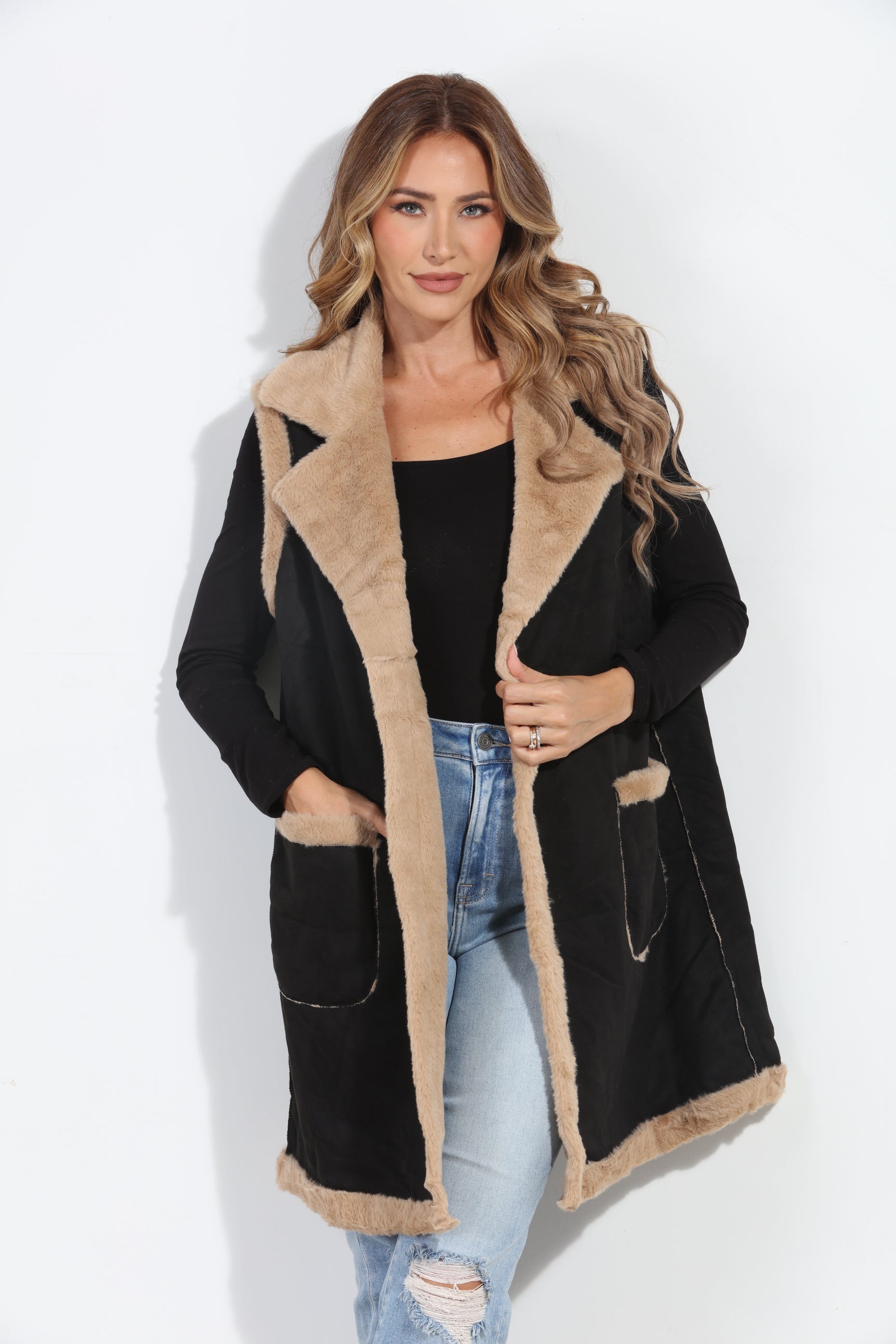 Black/Tan Faux Suede Vest-BEST SELLER